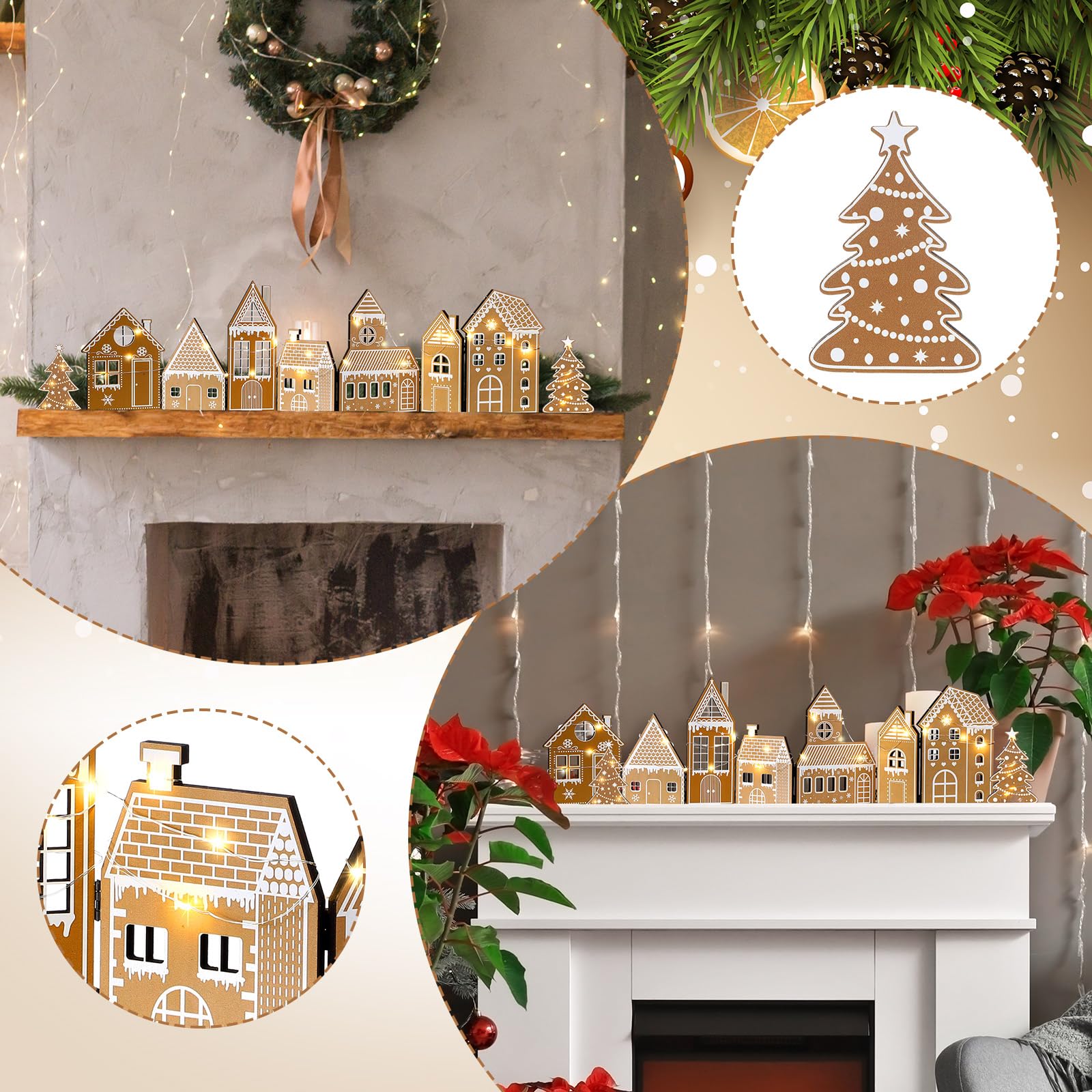 Retisee 1 lot de décorations de Noël en pain d'épices pliable avec lumière LED et 2 arbres de Noël, village de Noël, décoration d'intérieur, cadeau pour fête, 20 x 15 x 7 cm (pain d'épices, jaune)