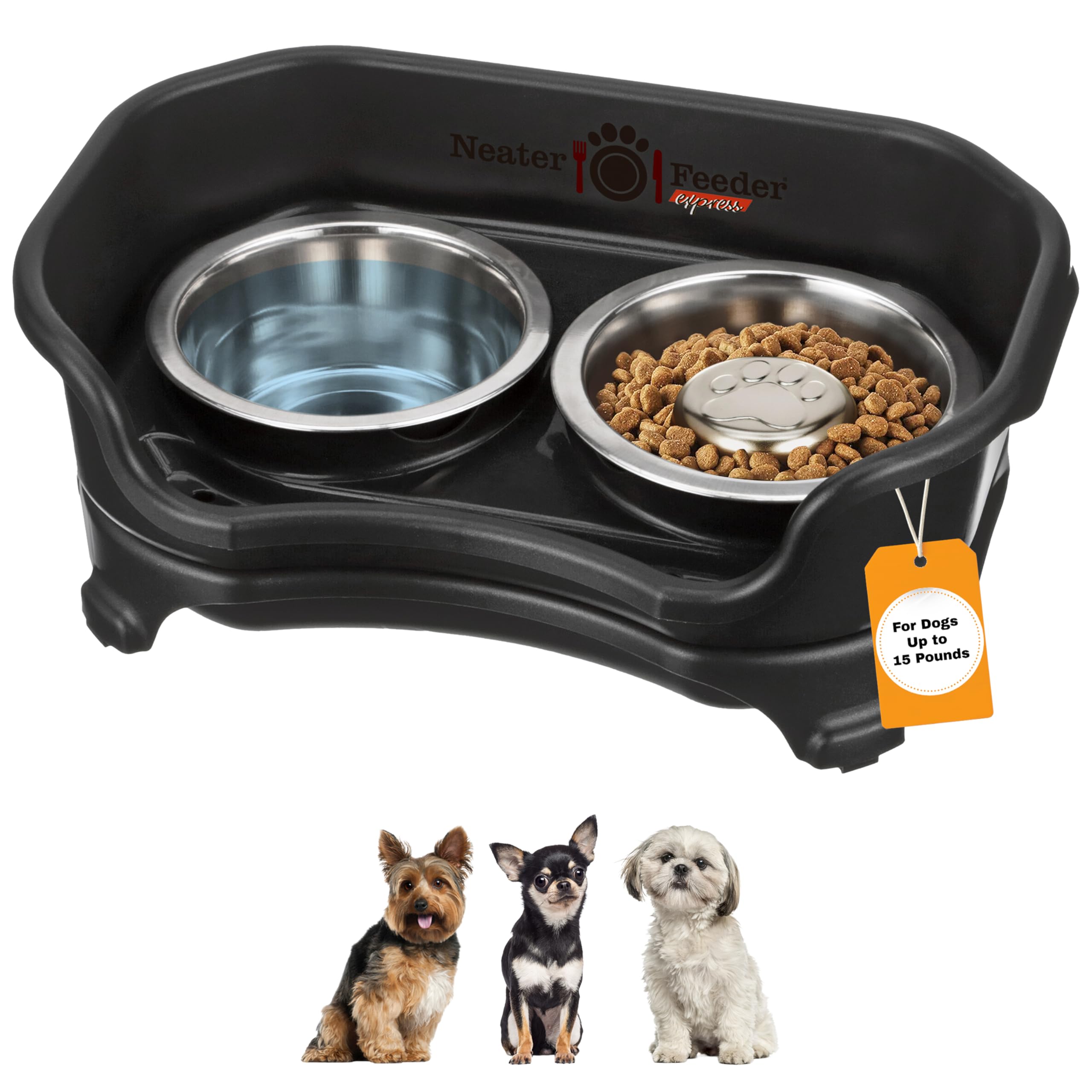 Neater Feeder Express Mess Proof Dog Bowls Elevated for Small Breed – Made in USA – No Spill Raised Slow Feeder Elevated Dog Bowl Stand, Stainless Steel Food and Water Bowl Set, Black