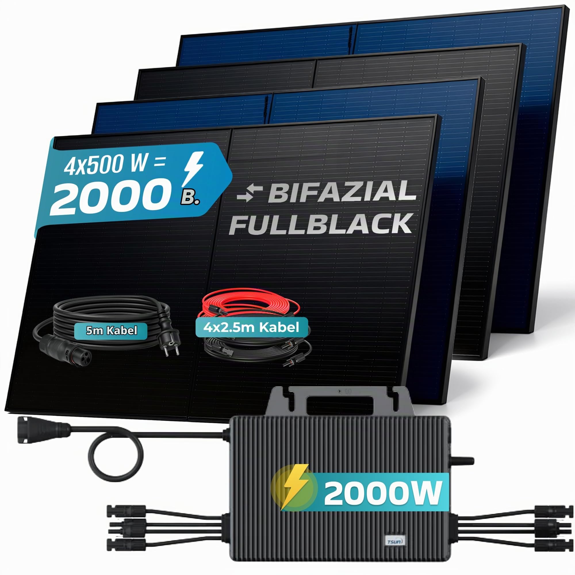 SUNNIVA® 2000W Balkonkraftwerk BIFAZIAL FULLBLACK komplett Steckdose TSUN 2000 Watt Wechselrichter, Solaranlage Komplettset, 4x 500W N-Type Glas Bifacial Solarmodule, 5m Kabel, 4x 2.5m Solarkabel