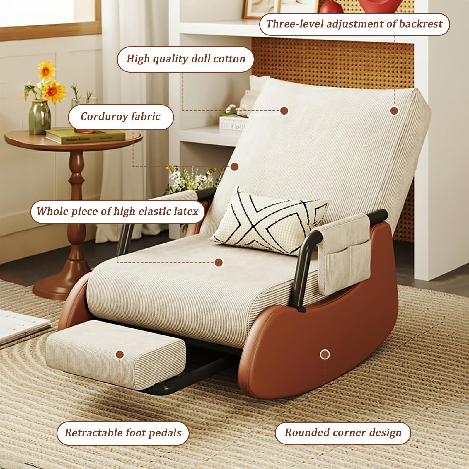 Schaukelstuhl, zusammenklappbar, mit Fußstütze, einziehbar, Liegestuhl mit Seitentaschen, Sessel mit verstellbarer Rückenlehne, bequemer Relaxstuhl, weich (grau, Einheitsgröße)