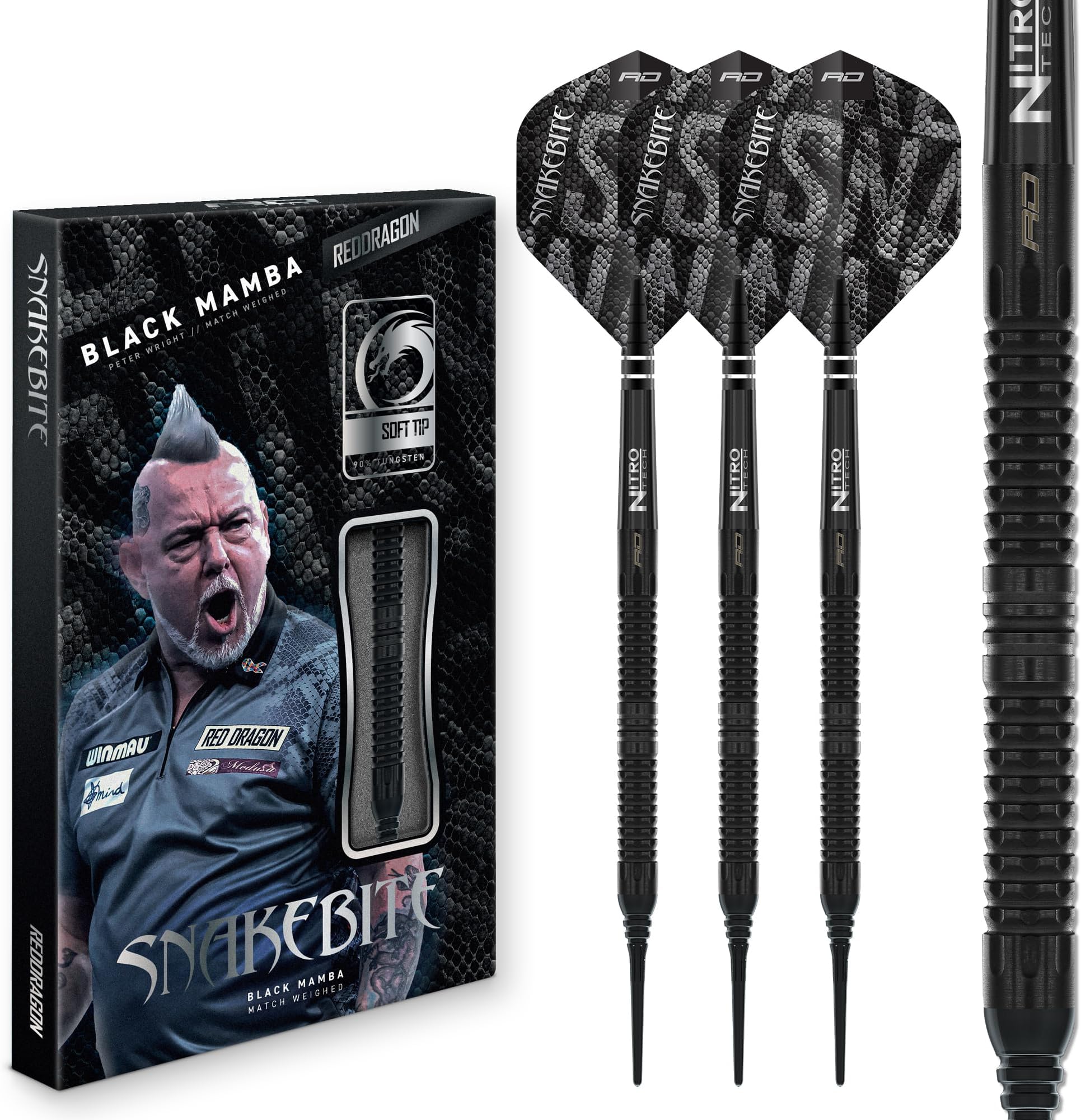 Darts - Professional Player - Peter Wright 'Snakebite' - Black Mamba Series | 90% Professional Tungsten Darts Set - Includes Flights & Stems | Steel Points 22g, 24g & 18g Soft Tip Dart Set