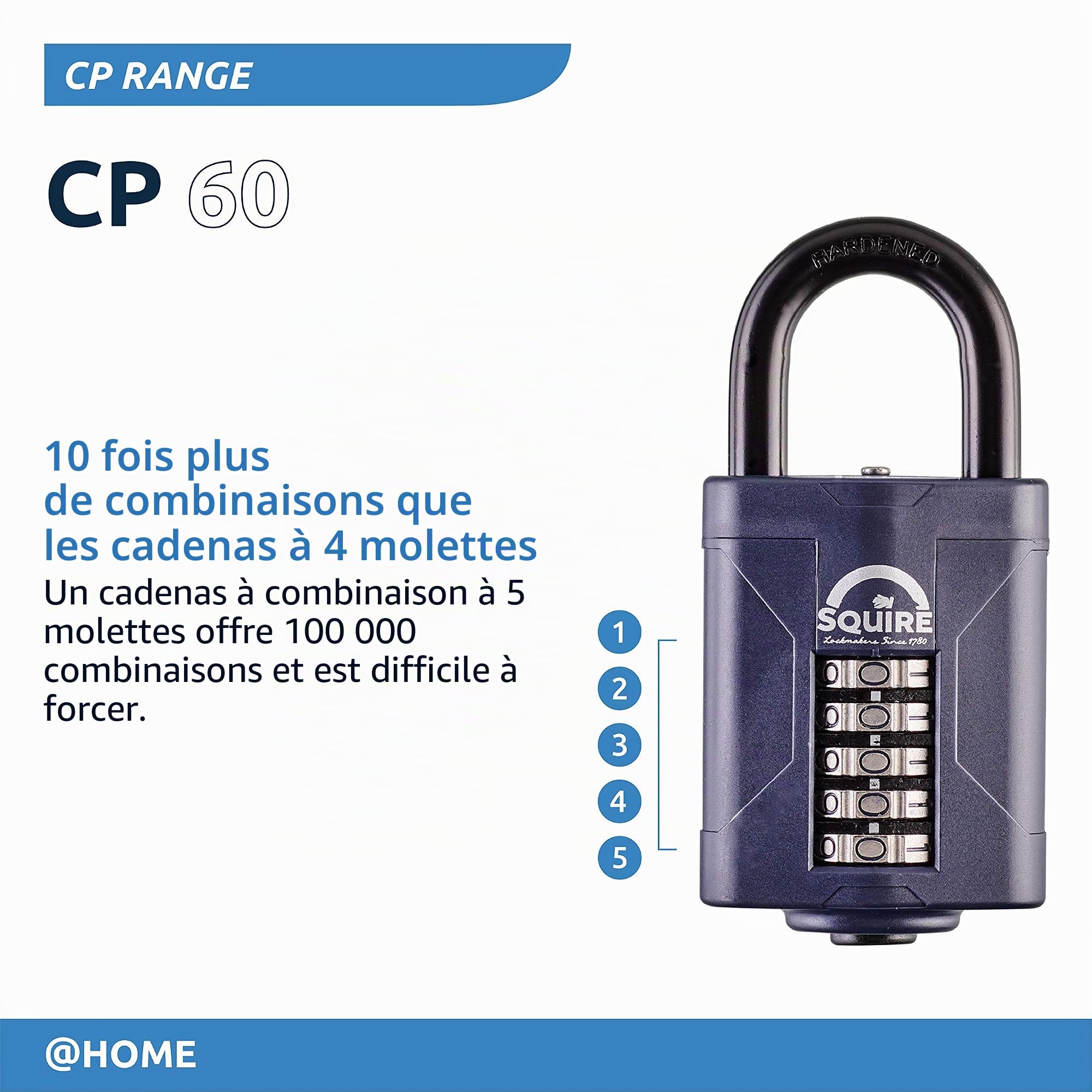 Cadenas Squire robuste (CP60) - Anse en acier la plus résistante - Cadenas à combinaison à 5 viroles - Acier allié anticorrosif - Cadenas étanche pour maison, école et garage (Bleu, 60 mm)