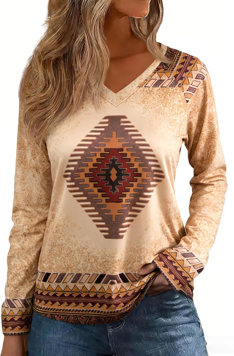 Western Cowgirl Shirts for Women Aztec Long Sleeve Shirt Boho Cow Graphic Tees Country Concert V Neck Loose Fit Tops