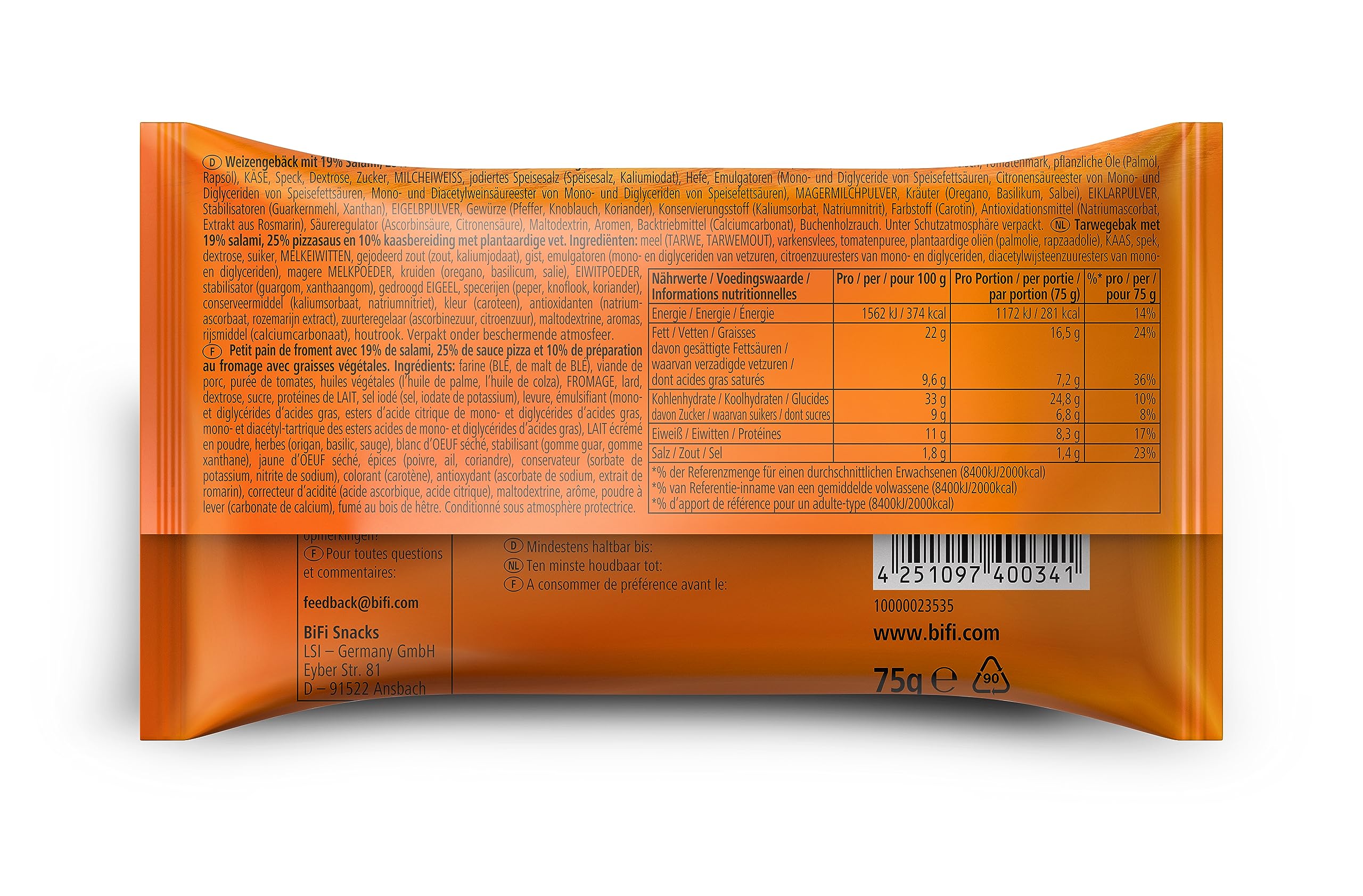 BiFi Carazza Original XXL – 15er Pack (15 x 75 g) – Herzhafter Pizzasnack zum Mitnehmen