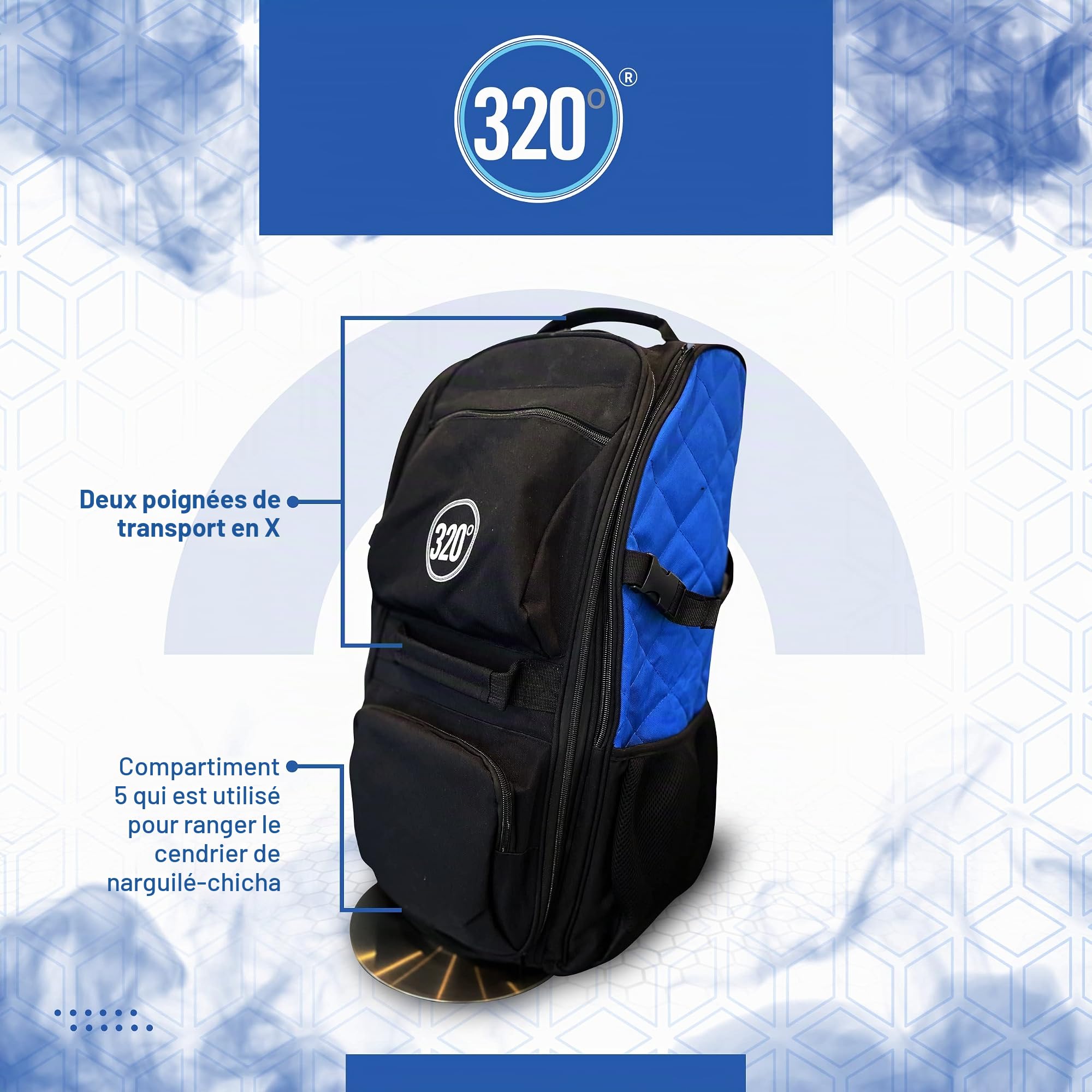 Grand sac de transport pour chicha narguilé Sac de transport Sac à dos de transport 14 compartiments Noir et bleu Sac de voyage, noir/bleu, Sac de voyage