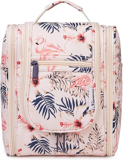 Travel Hanging Toiletry Wash Bag Makeup Cosmetic Organizer for Women Girls Kids (Beige Flamingo (Medium))