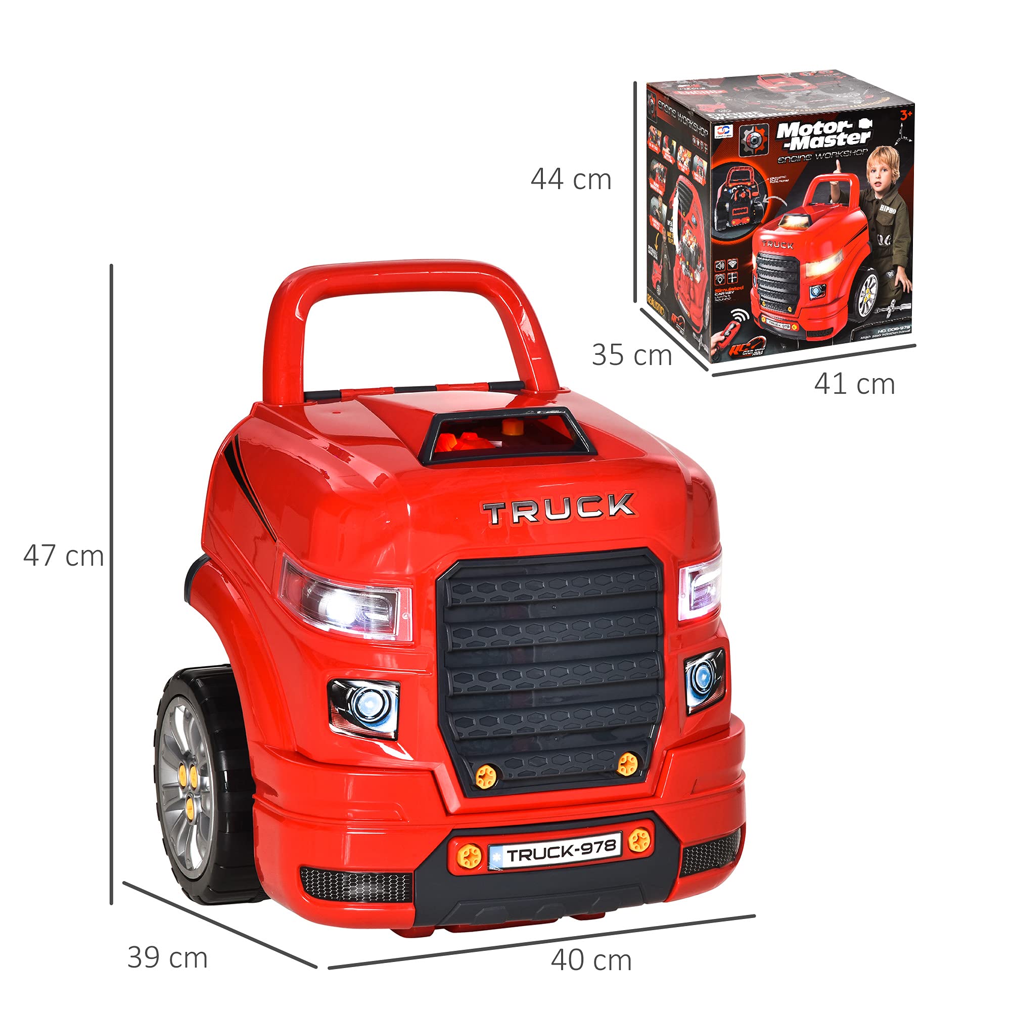 HOMCOM Camion mécano 2 en 1 Jouet Bricolage Enfant Établi Enfant Jeu d'imitation mécanicien 61 pièces Effets sonores Lumineux PP ABS Rouge