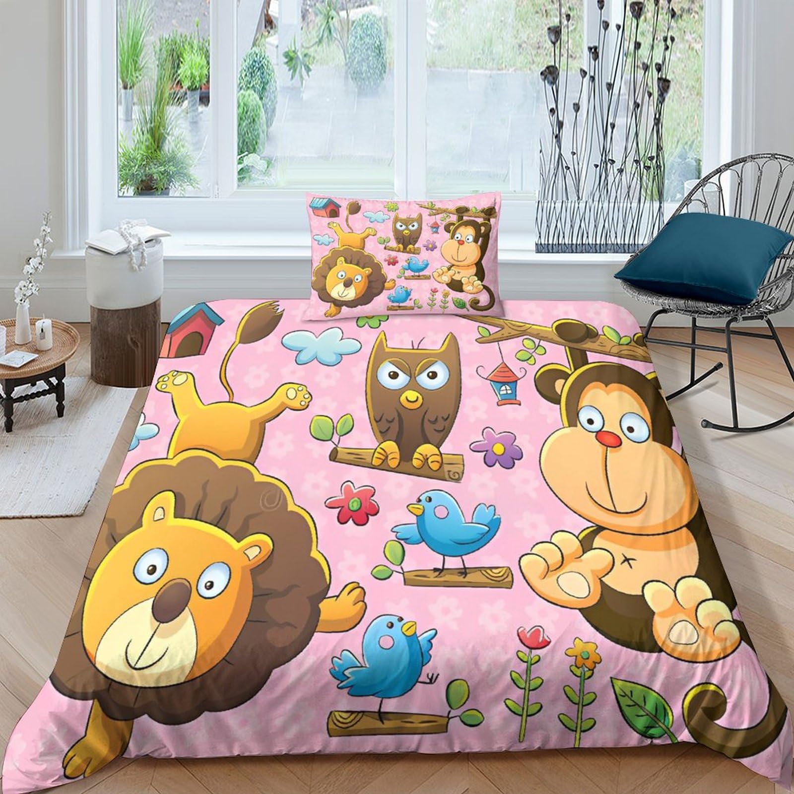 Housse de couette orang-outan et lion 135x200cm en microfibre pour lit simple