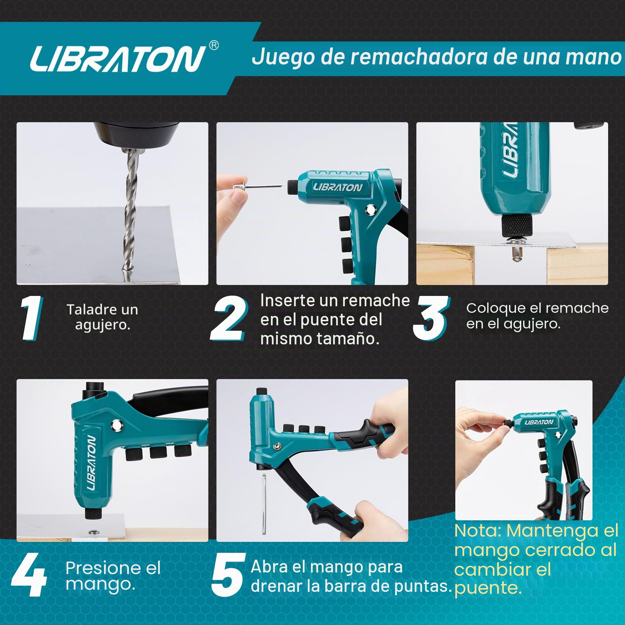 LIBRATON Remachadora Manual, Pistola Remachadora, Remachadora Profesional con 200 Remaches (2,4 mm/3,2 mm/4,0 mm/4,8 mm) y 4 Brocas HSS, para Metal, Madera y Plástico