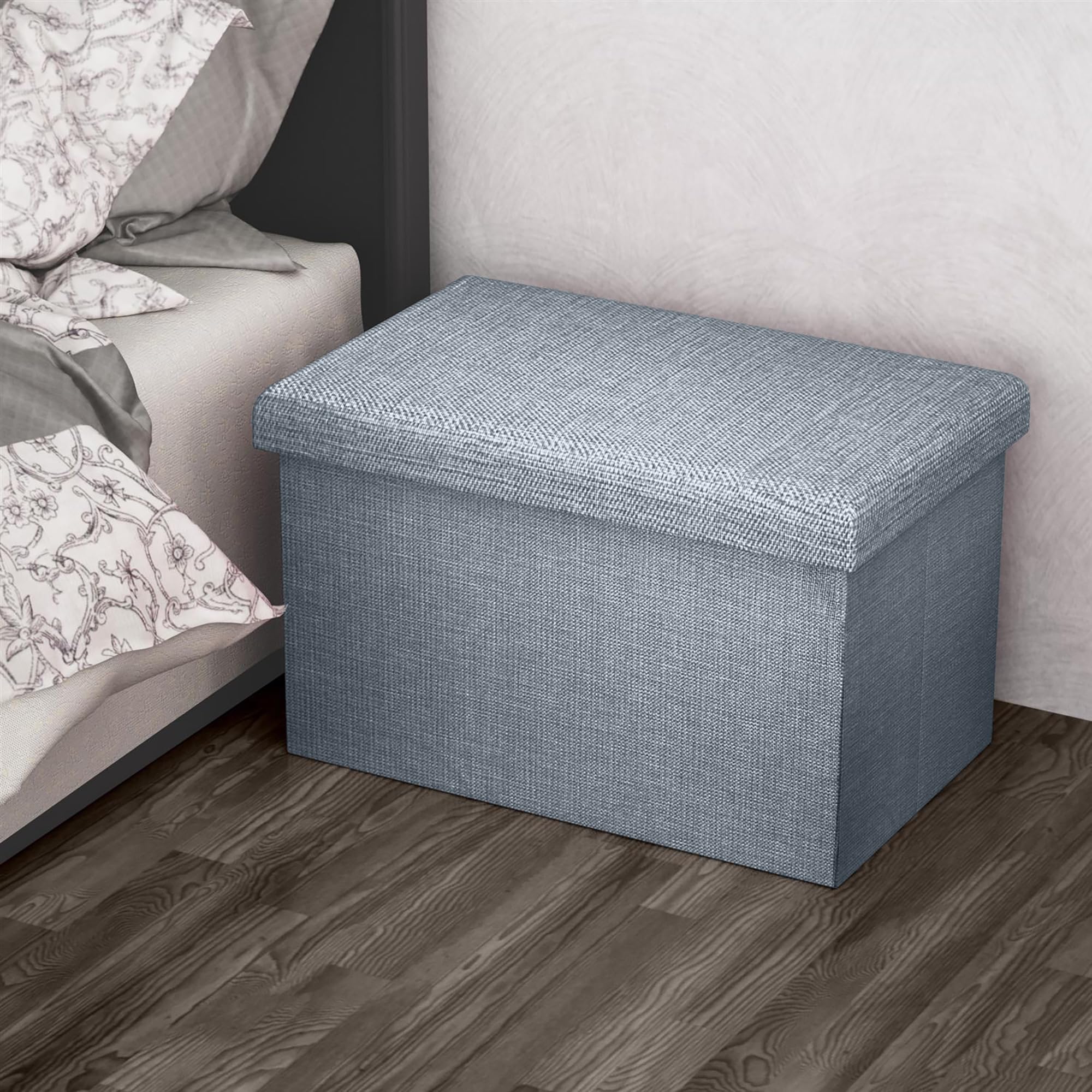 INTIRILIFE Banco Plegable 49x30x30cm en Gris - Asiento Cubo de Tela con Espacio de Almacenamiento y Tapa en Aspecto de Lino - Asiento Cubo reposapiés Plegable Caja de Almacenamiento arcón Taburete