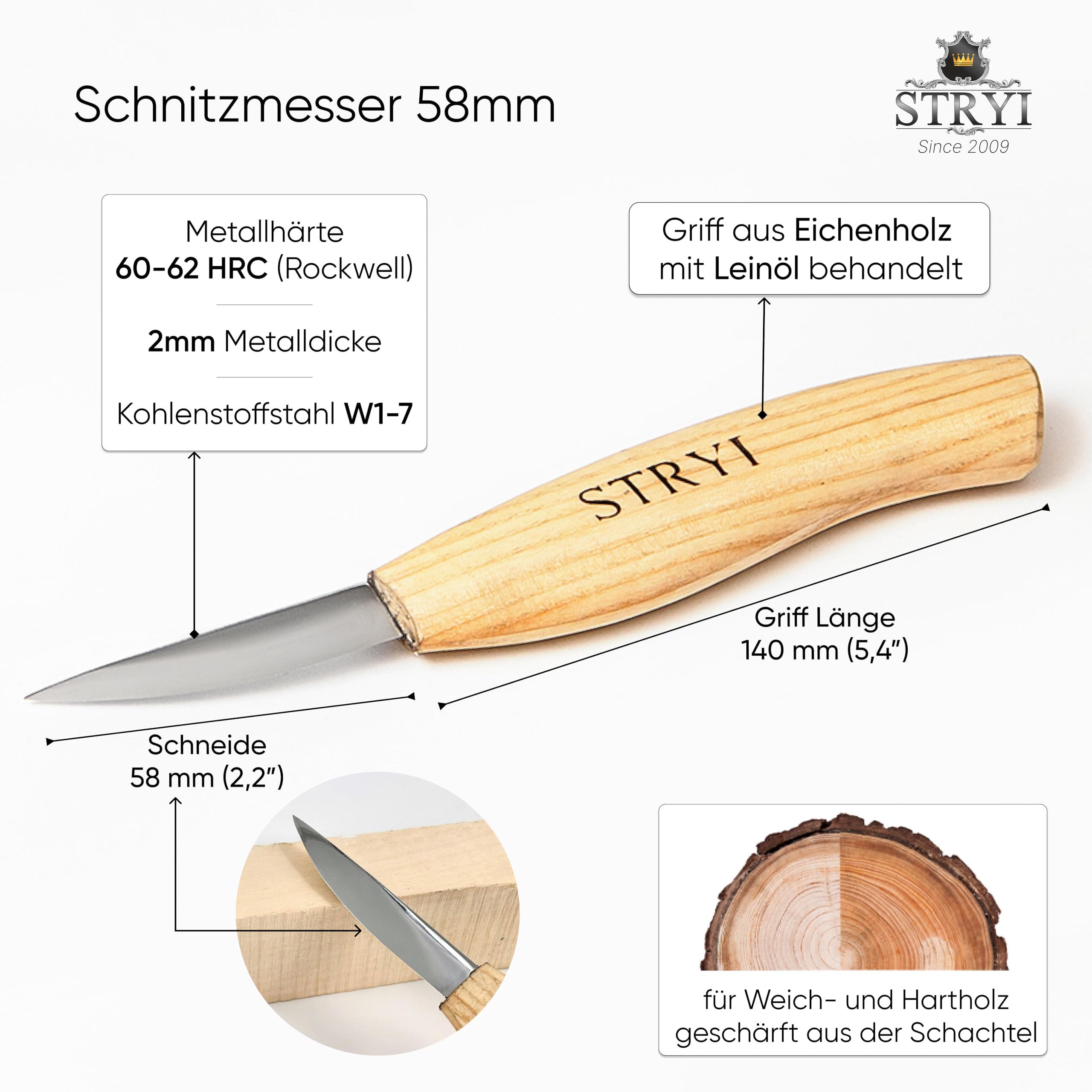 STRYI Profesjonalny nóż do rzeźbienia w drewnie, 58 mm, ręcznie kuty ze stali węglowej, ergonomiczny uchwyt z drewna dębowego, do figurek, łyżek i kuksa