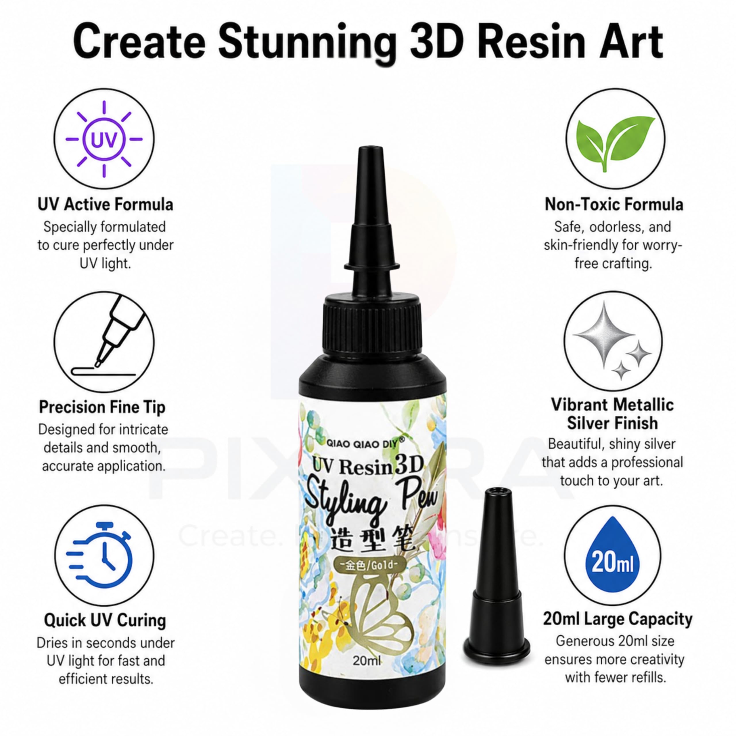 PIXORA UV Resin 3D Styling Pen, UV Resin Glue with Precision Nozzle, Fast UV Cure for DIY Crafts, Jewelry Making, Nail Art, Keychains & Resin Projects, 20ml (Gold) 1