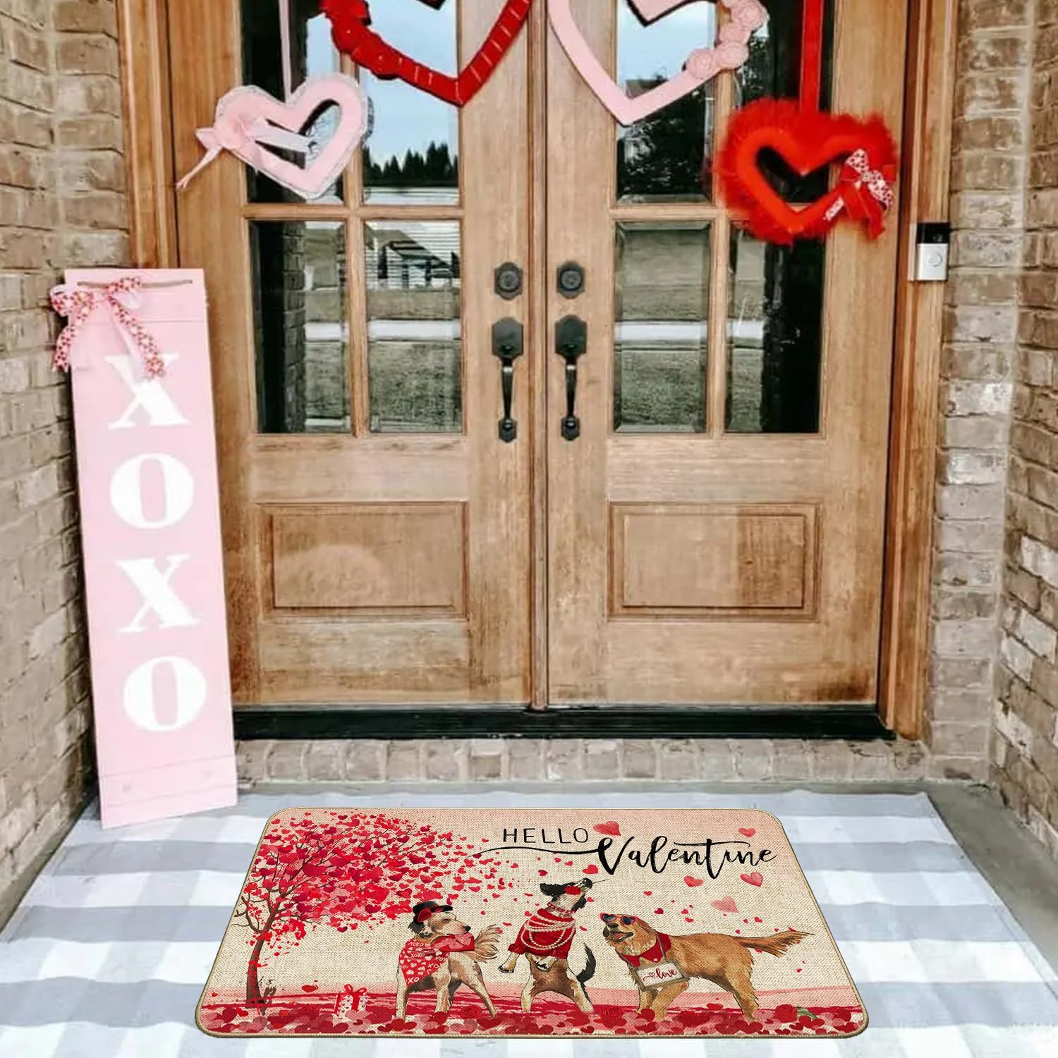 Baccessor Hello Valentines Day Dog Doormat,Red Love Heart Tree Funny Golden Retriever Outdoor Doormat Mat Non Slip Rubber Backing Entrance Seasonal Indoor Front Kitchen Decoration 17 x 29 Inch