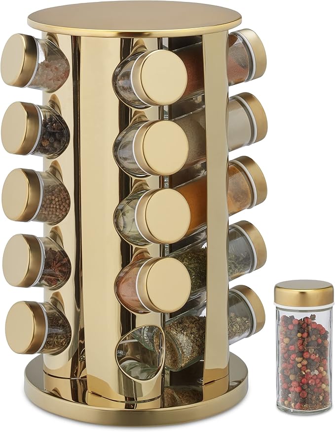 Spice Rack, 20 Glass Jars, Rotatable, Stainless Steel, H x D: Approx. 33.5 x 23 cm, Gold