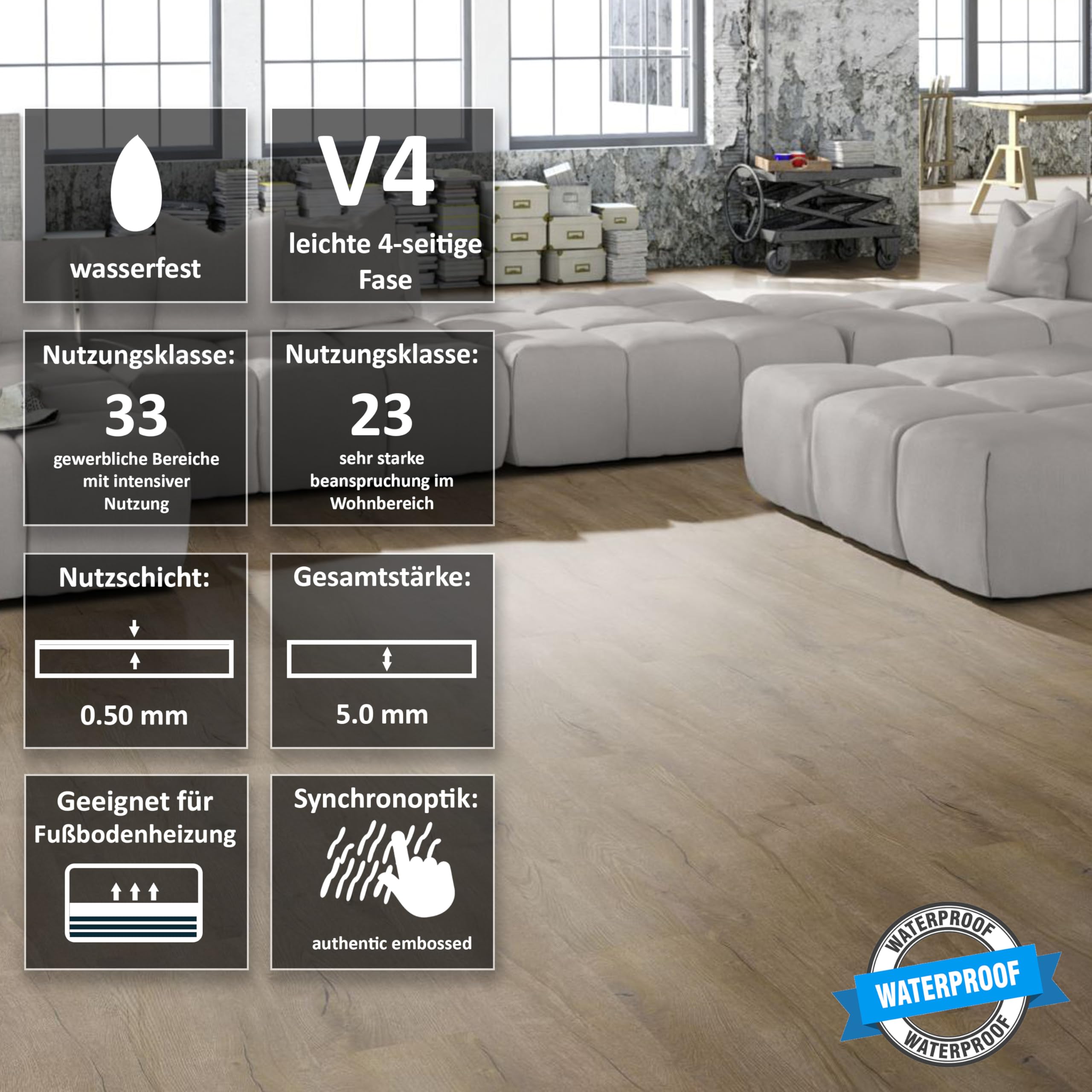 TRECOR Winylowa/LVT winylowa designerska podłoga winylowa z litego drewna o grubości 5 mm z warstwą użytkową 0,5 mm – kupujesz 1 m² – wodoodporna (dąb premium, brązowy, 1 m², podłoga winylowa)
