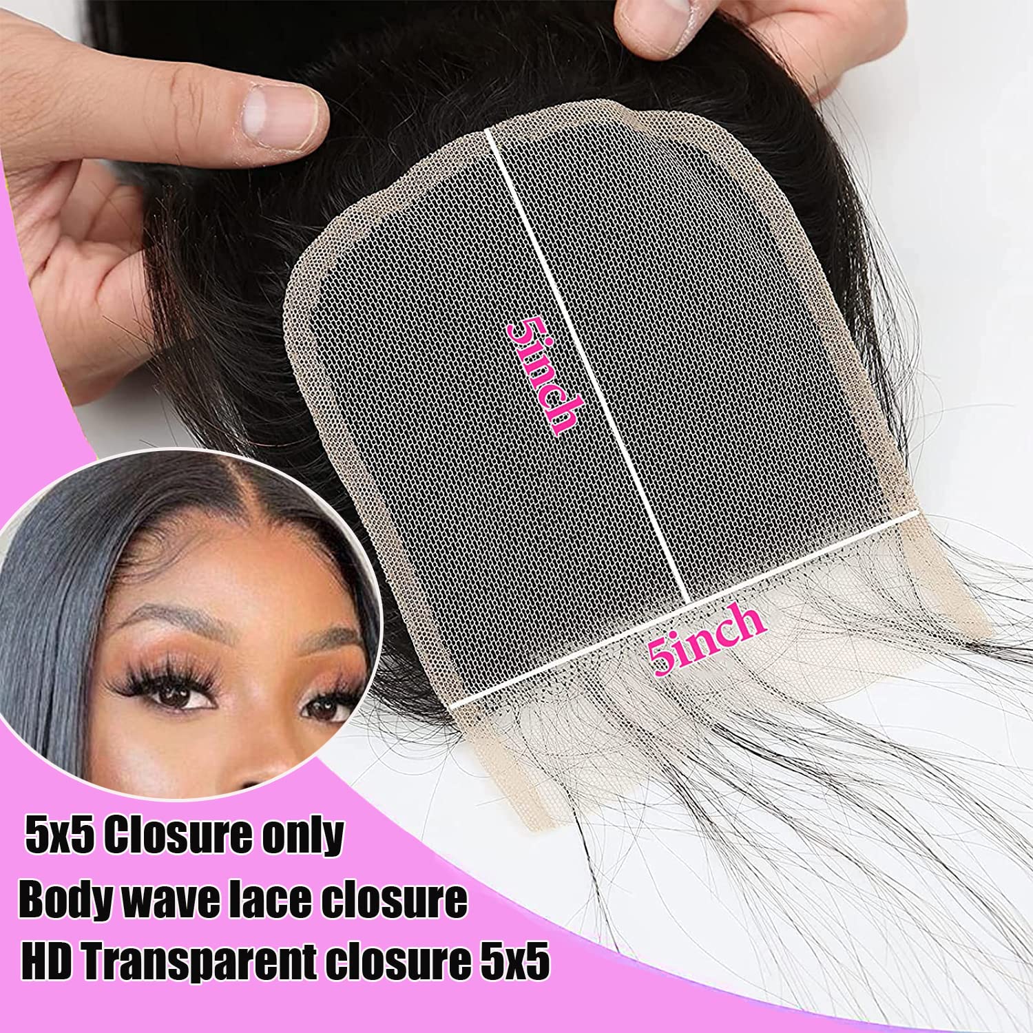 HD Body Wave Closure 5x5 Transparent Lace Frontal Closure 12A Virgin Remy Human Hair Pre Plucked With Baby Hair Natural Black Color (14inch)