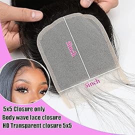 Liangya Hair HD Body Wave Closure 5x5 Transparent Lace Frontal Closure 12A Virgin Remy Human Hair Pre Plucked With Baby Hair Natural Black Color (14inch)