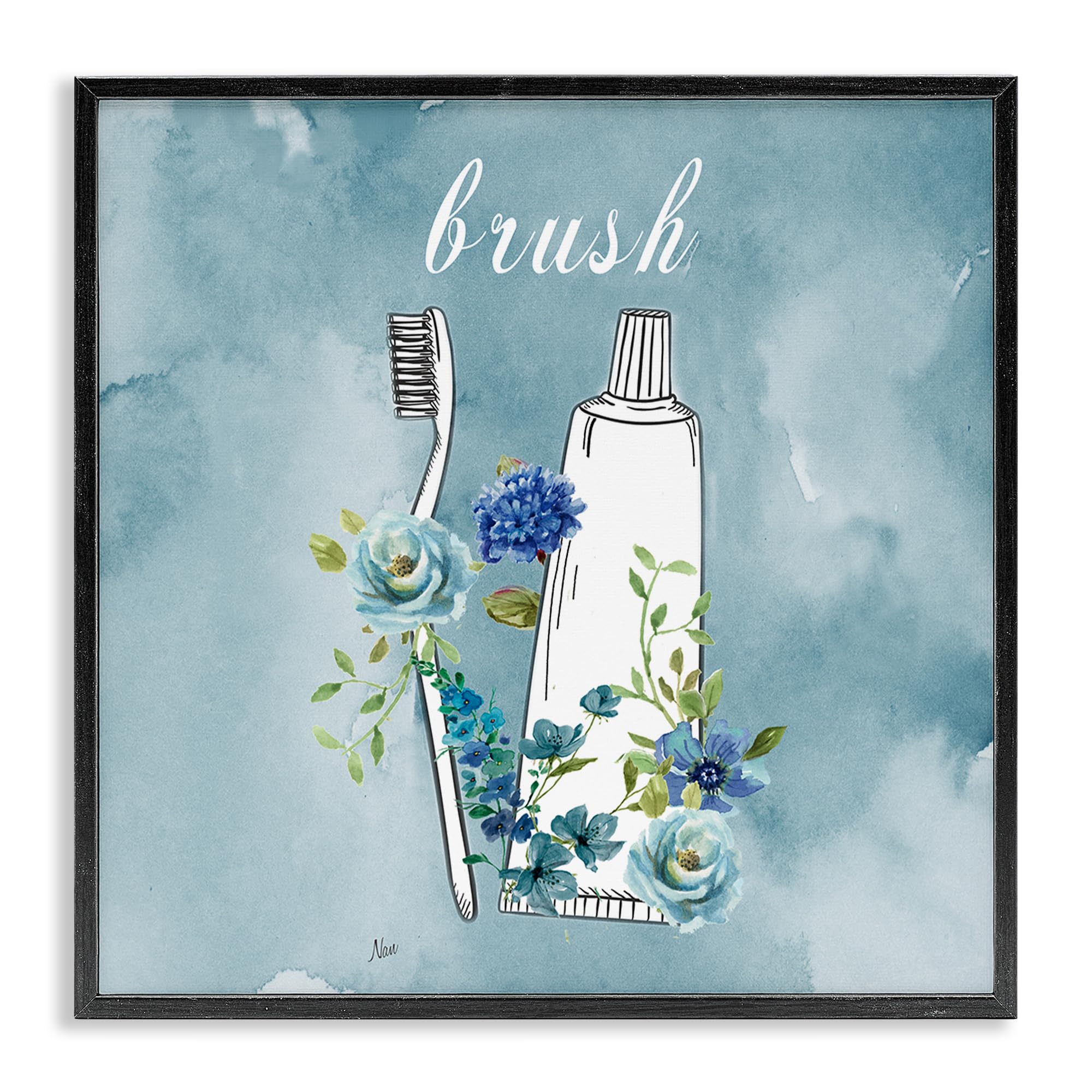Stupell Industries Midnight Black (Textured) 'Floral Bathroom Rules Brush'| Framed Giclee Art