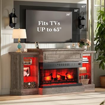 LUXOAK Farmhouse 60 Fireplace TV Stand with 28 Electric Fireplace | 3-Sided Electric Fireplace, Media Entertainment Center with LED Light, TV Console Storage Cabinet, for TVs up to 65, Grey