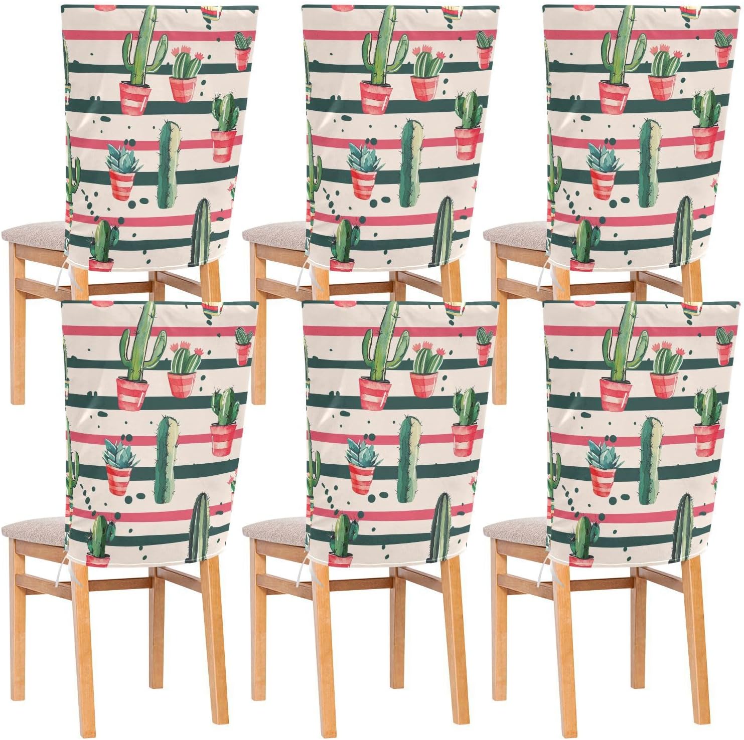 ALAZA Cactus Colorful Stripes Chair Back Cover Set of 6, Washable Reusable Removable Chair Slipcovers Decorative Chair Cover for Home Kitchen Wedding Party