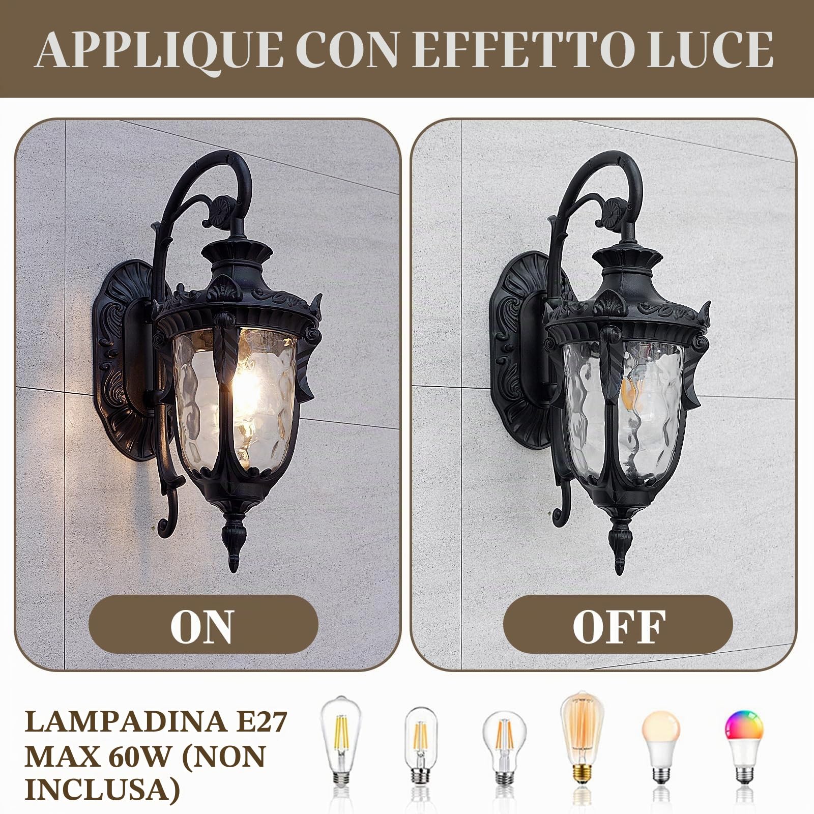 Applique Da Esterno,Lanterna Applique Da Parete Lampada Impermeabile In Alluminio E Vetro Giardino,Nero Retrò Lampada Da Parete,Arredamento Rustico E27 Luci Da Esterno Per Casa Porta Di Casa Villa