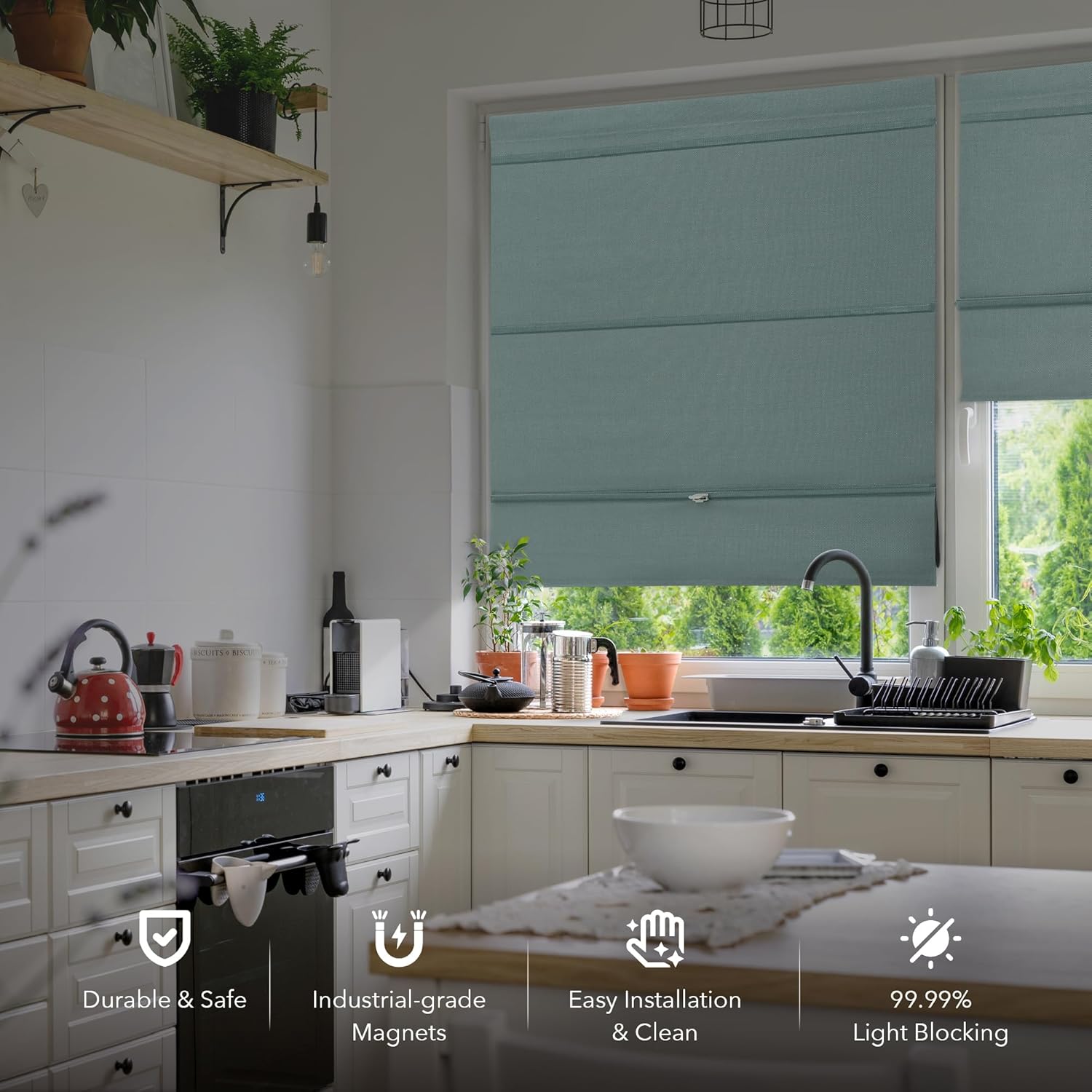 Turquoise Accent Window Treatment Set: Panel Track Blind 86" W x 96" H & Blackout Magnetic Roman Shade 27" W X 65" L