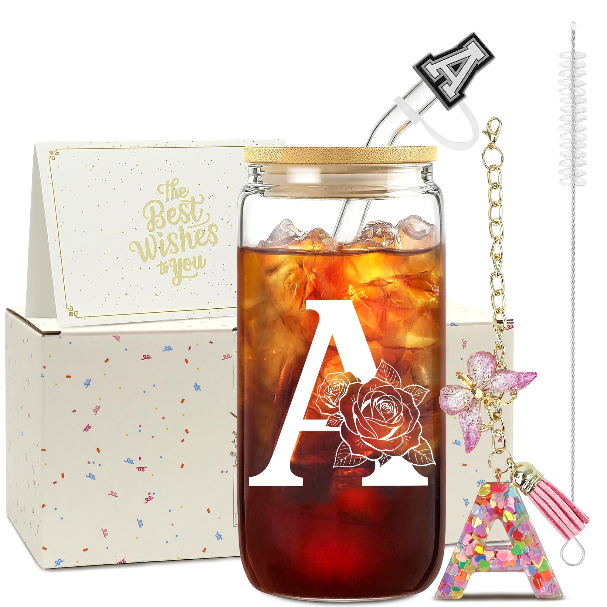 ZIOSINM A-Z Initial Iced Coffee Cup, Personalised Glass Birthday Gifts for Women, Gifts for Mum, Friends, Teenage Girls and Sisters, Iced Coffee Glass Cup with Lids and Straws (A)