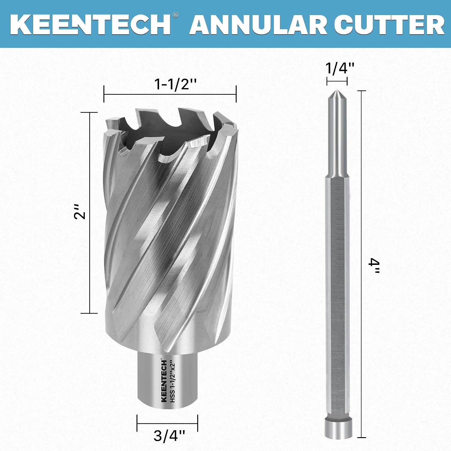 KEENTECH HSS Annular Cutter,1-1/2 Inch Diameter x 2 Inch Depth, 3/4 Inch Weldon Shank (2 Flat), M2AL High Speed Steel Mag Drill Bit with 1/4" x 4" Pilot Pin for Stainless Steel, Cast Iron, Alloy