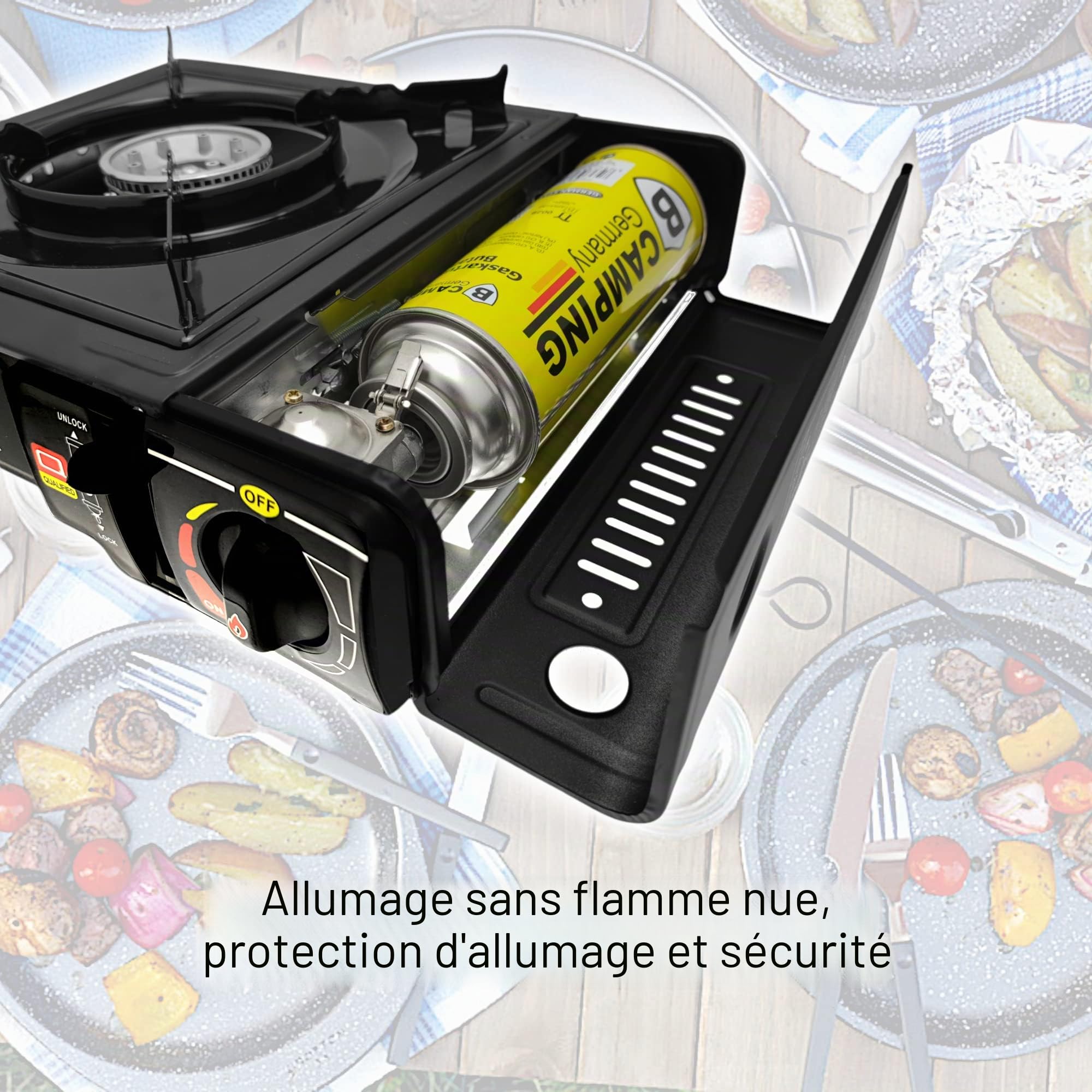 Elfmonkey Réchaud de camping | Cuisinière à gaz avec mallette de transport : avec 8 cartouches de gaz