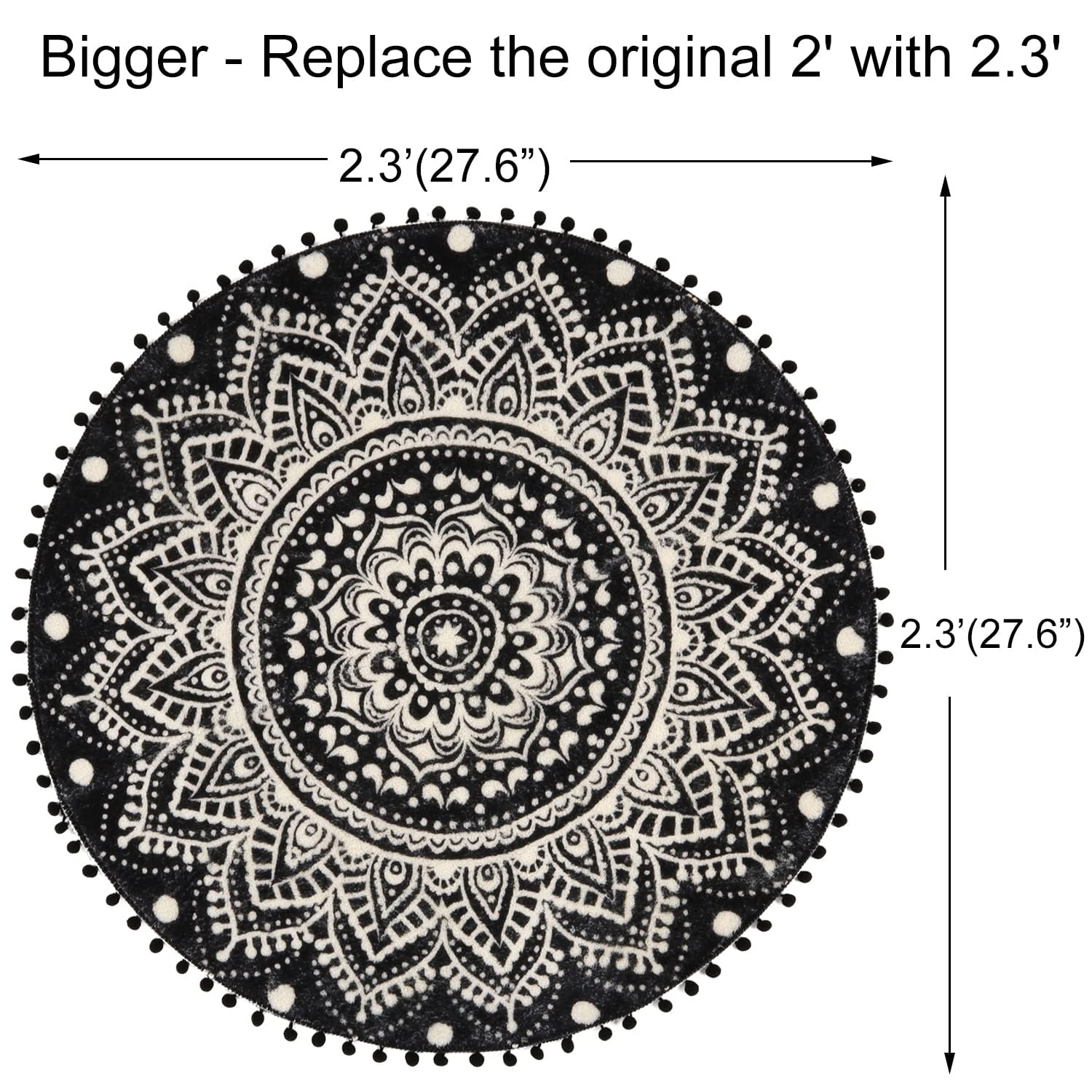 Alfombra redonda pequeña de 2.3 pies, diseño de mandala negra, bohemia, con pompones, flecos, lavable, tapete de ducha circular suave, antideslizante, linda, alfombra circular para fregadero, 4