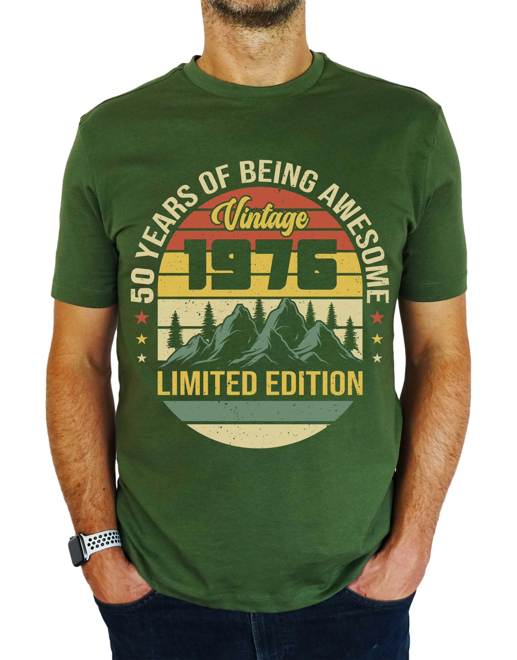 My Generation Gifts Men's Earthy Green 1976 Vintage Mountain - Limited Edition - 50Th Birthday Gift | Present T-Shirt S