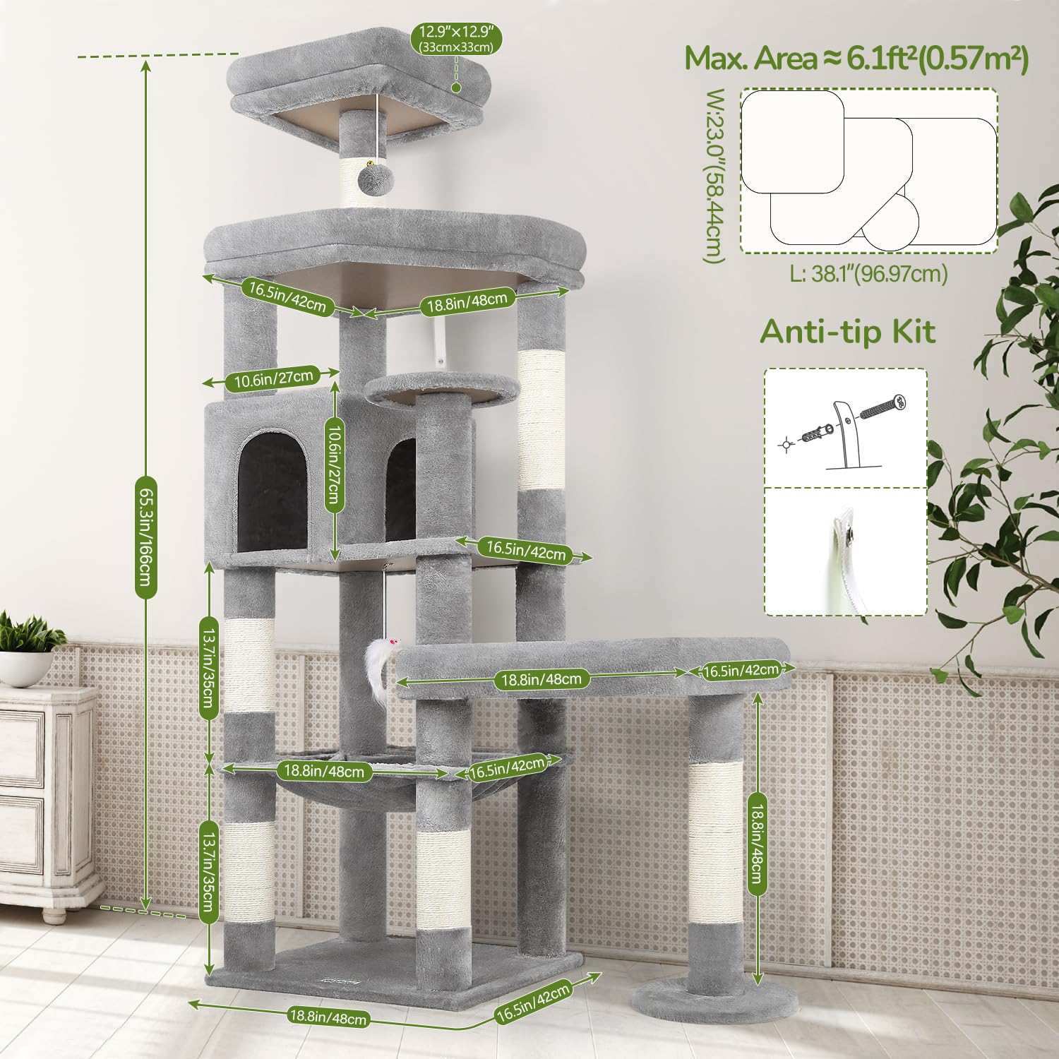Globlazer Arbre a Chat pour Grand Chats Hauteur 165cm avec 2 Grandes Plateforme Rembourré 48*42CM, Extrlarge Hamac, Niche, Perchoir, Stable Arbre à Chat avec Soutien pour Chats Adult (S65, Gris Clair)