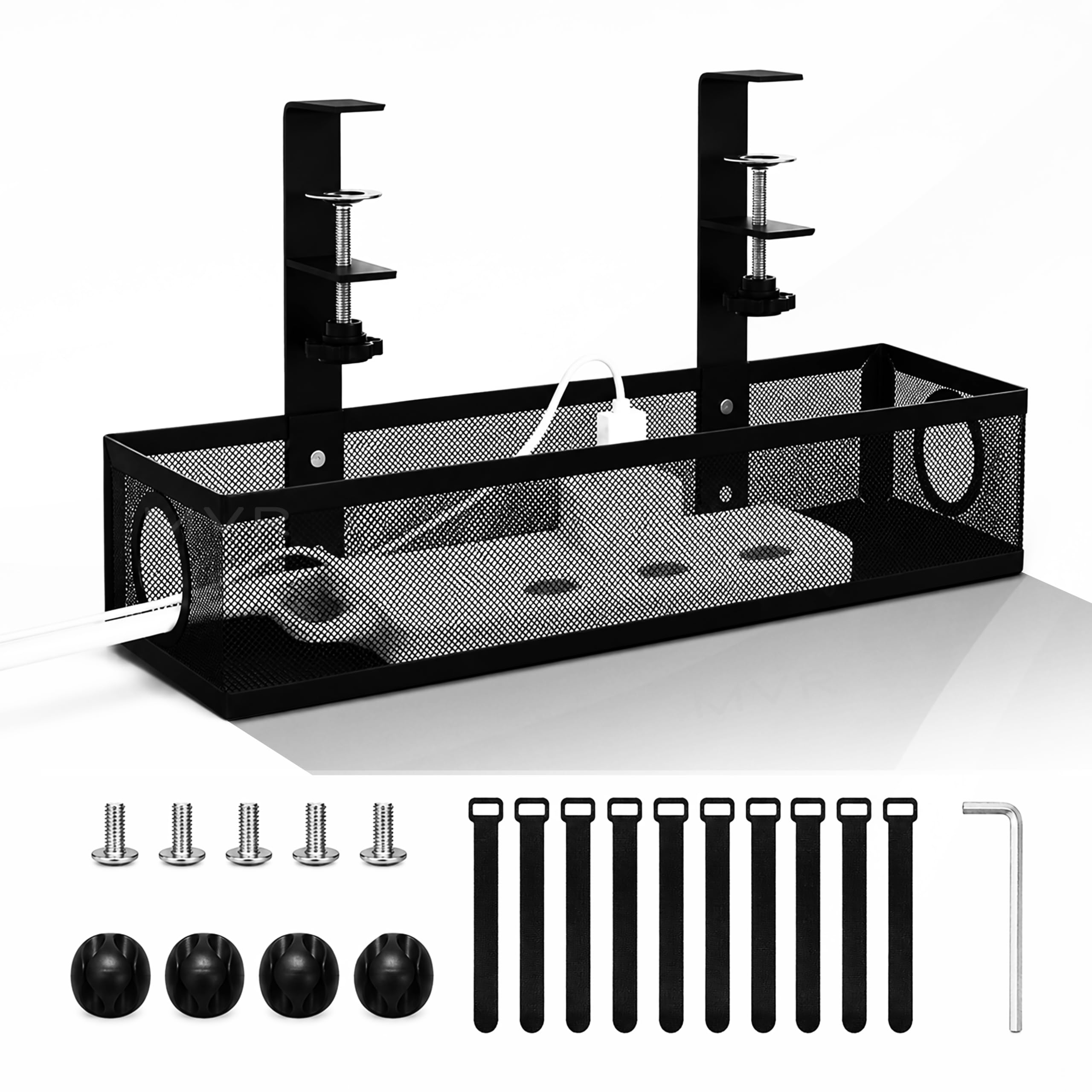 Under Desk Cable Management Tray | No-Drill Metal Mesh Rack with Clamp Mount | Wire Organizer Holder for Power Strips & Network Cables – Black-image-29