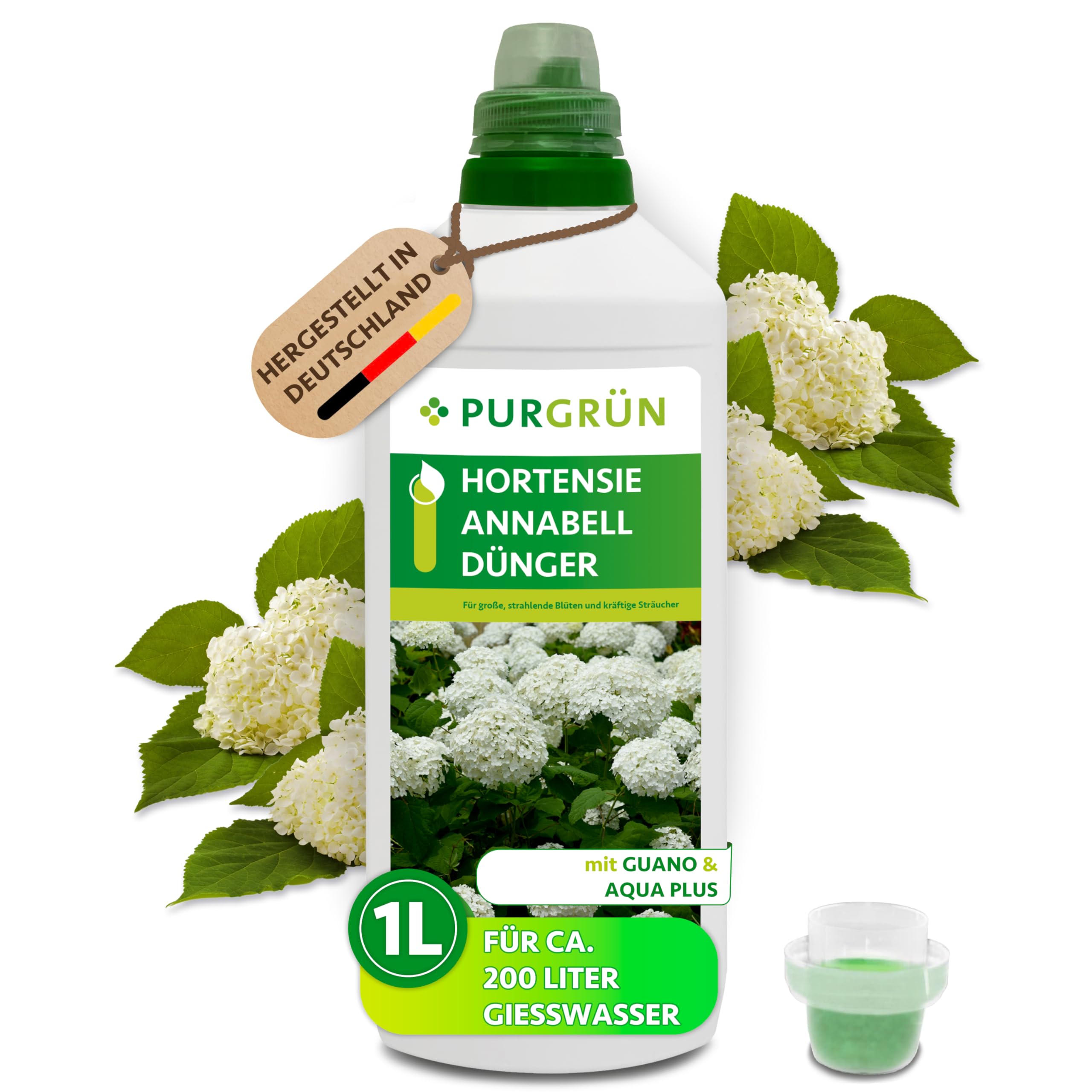 Purgrn Hortensie-Annabell-Dnger 1 Liter  Organisch-mineralische  Rezeptur  Premium-Flssigdnger mit Spurennhrstoffen  NPK 8+8+6  Mit  Guano & Aqua Plus  Fr prchtige Blten : Amazon.de: Garten
