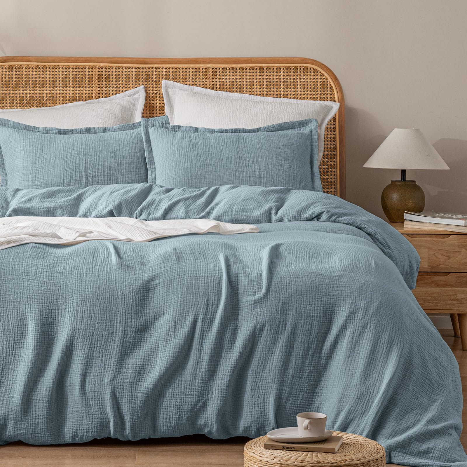 PHF 100% Natural Cotton Muslin Duvet Cover Set King Size, Ultra Soft Breathable Absorbent, Luxurious Minimalist Gauze Bedding for All Season, Duvet