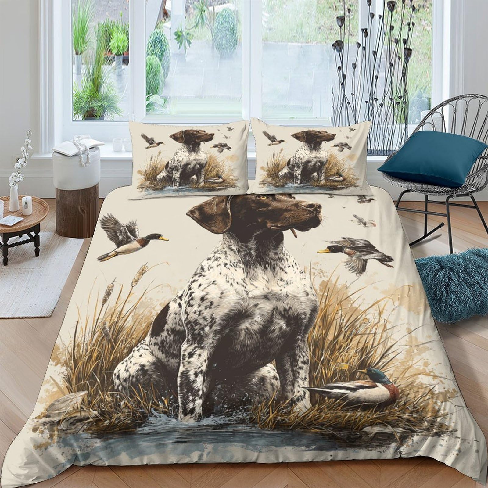 TUFRTGYHN 3D Printed Hunting Dog Duvet Cover Microfiber Soft Breathable Wild Birds Bedding Set with 2 Pillowcases for Bedroom Decor Single（135x200cm）