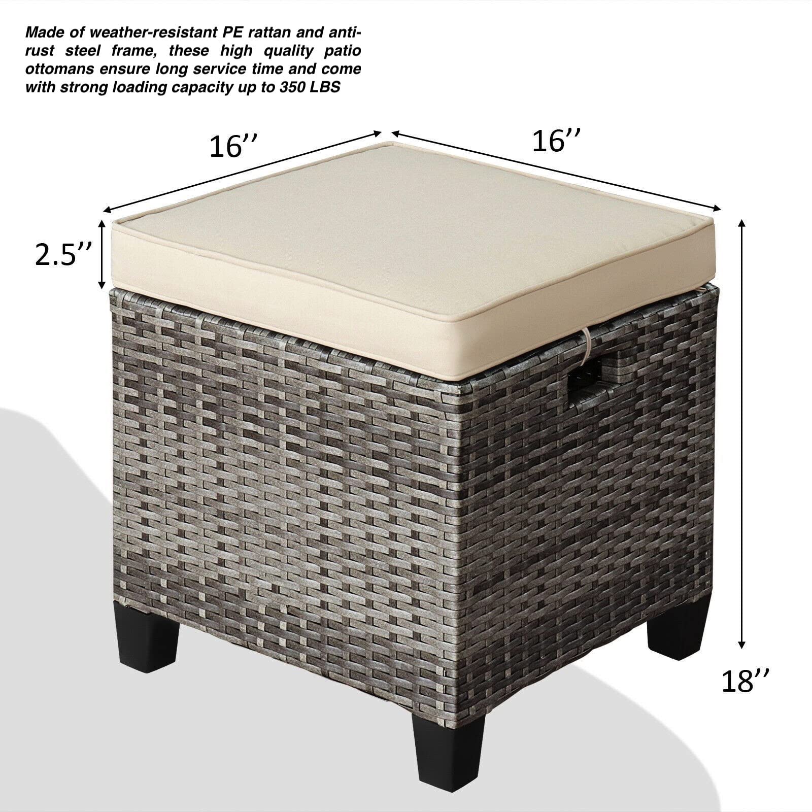 2PCS Outdoor Mixed Grey PE Rattan Ottoman Removable And Soft Seat Beige Cushion Anti-Slip Foot Pads Serves As Footstools Side Table Additional Seats Suitable For Patio Garden Backyard Poolside Use