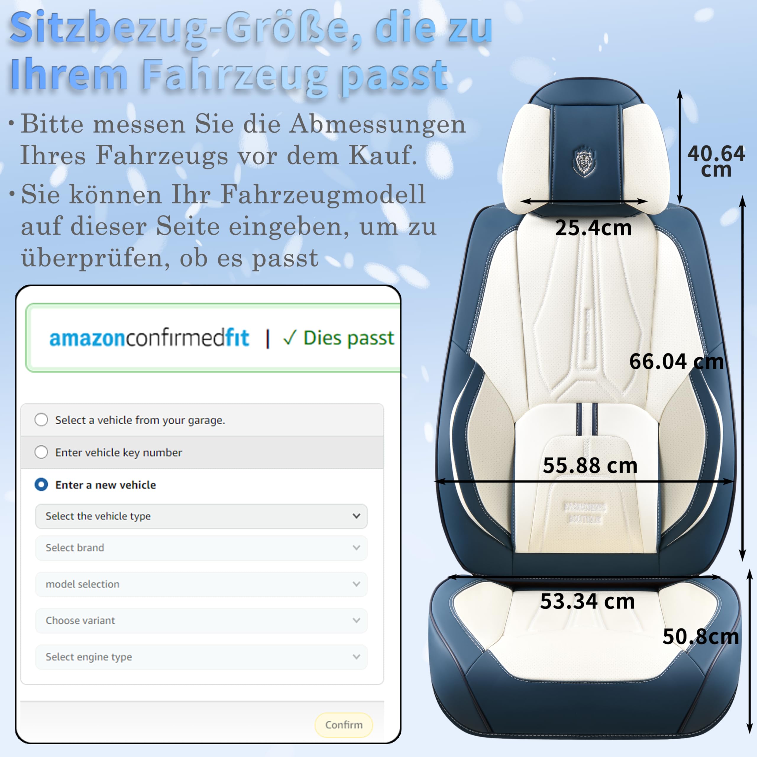 Copri sedili auto 5 posti - Universale per il 90% di berline/SUV/4x4 | Supporto lombare nascosto | Antiscivolo & Duraturo | Finta pelle di alta qualità (Blu-Bianco)