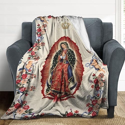 Nuestra Señora de Guadalupe Virgen María - Manta de Navidad suave y acogedora con pelusa de ángel, manta cálida para sofácama, manta de poliéster