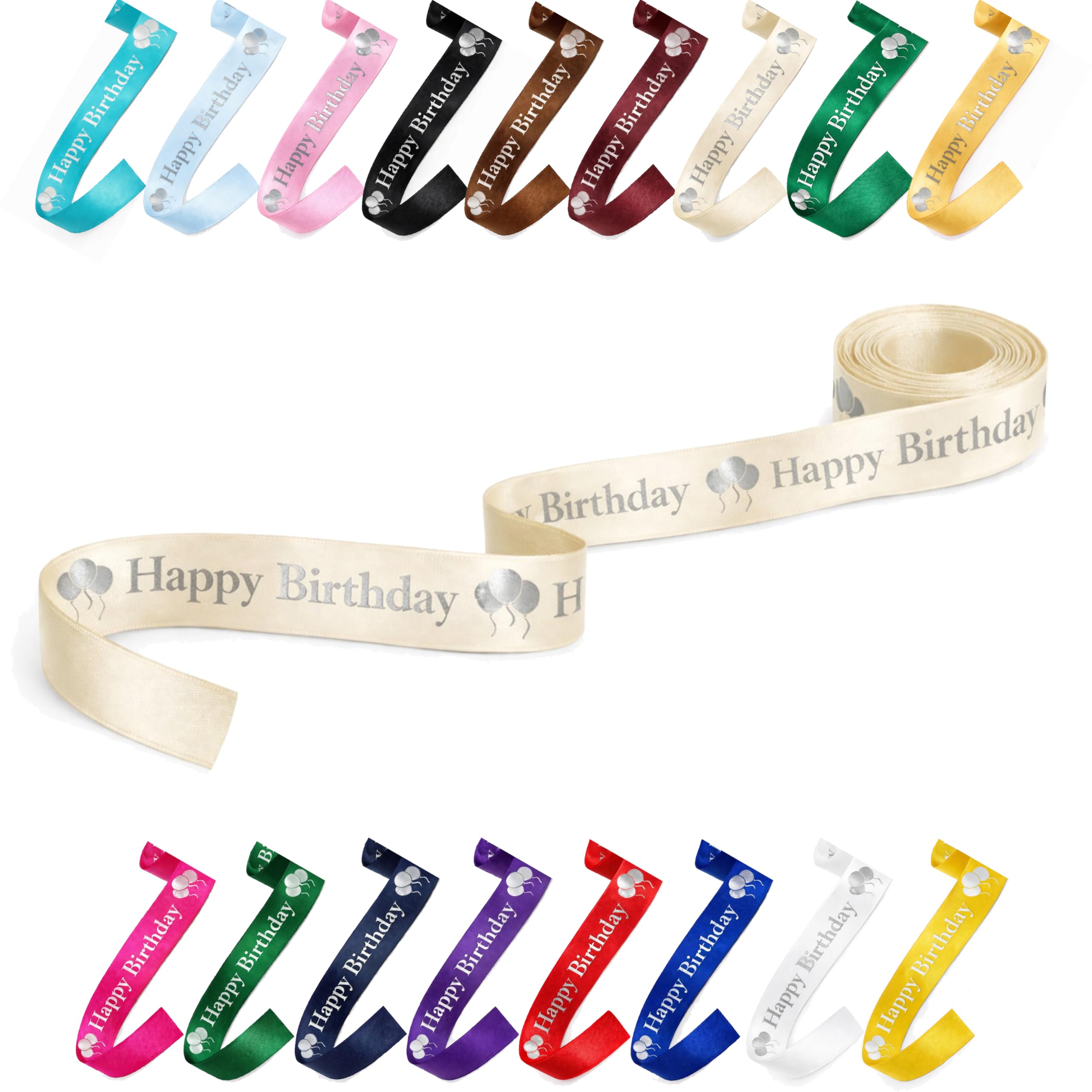 25mm (1") Wide Happy Birthday Luxury, Vibrant Satin Ribbon for Gift Wrapping, Flower Bouquet, Crafts, Balloons, Party Decoration with Metallic Silver Text & Balloon Print (Cream, 10 Metres)