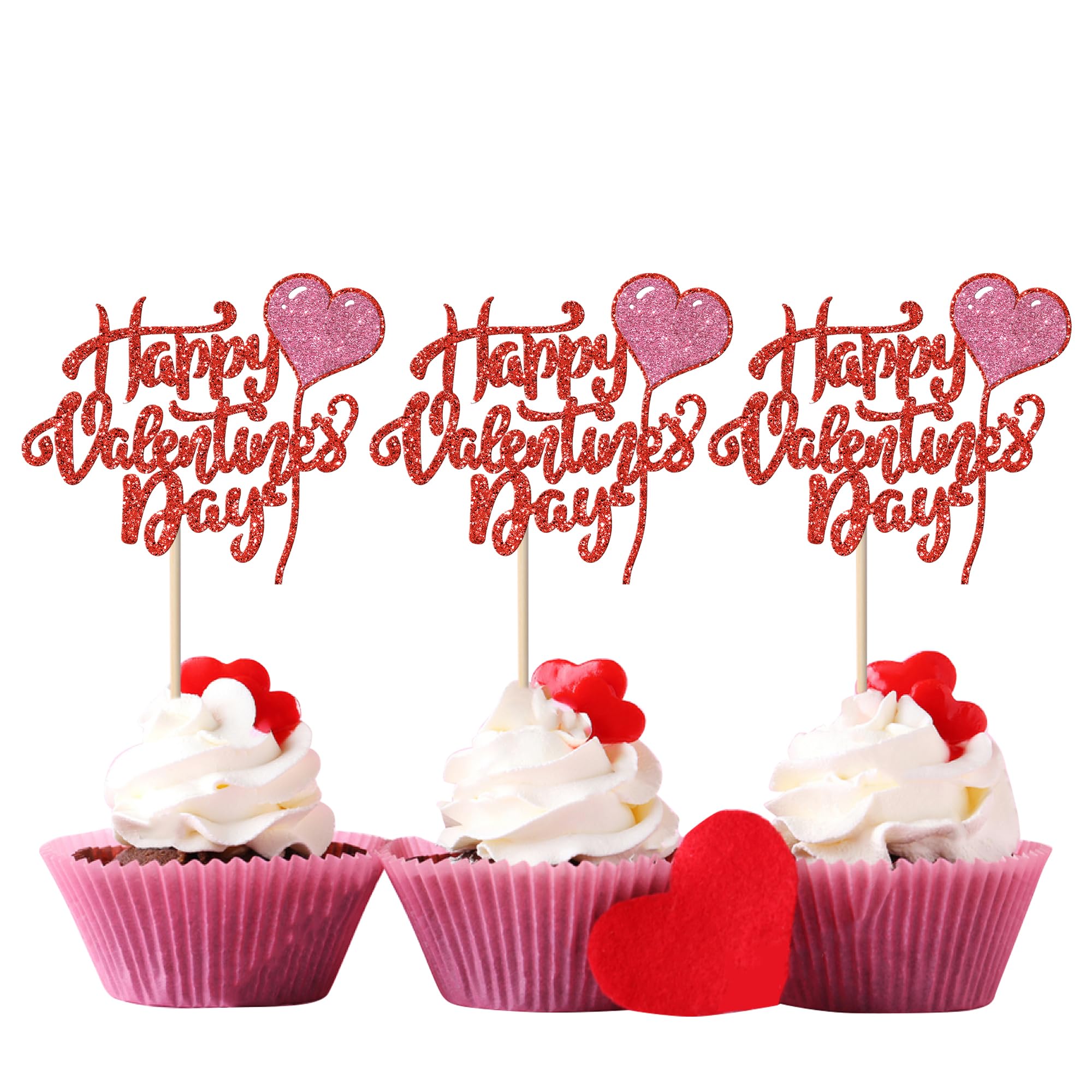 Xsstarmi 24 Pack Happy Valentine's Day Cupcake Toppers Glitter Heart Balloon Cupcake Picks Sweet Love Cake Decorations for Valentine's Day Theme Wedding Engagement Party Supplies Red Pink