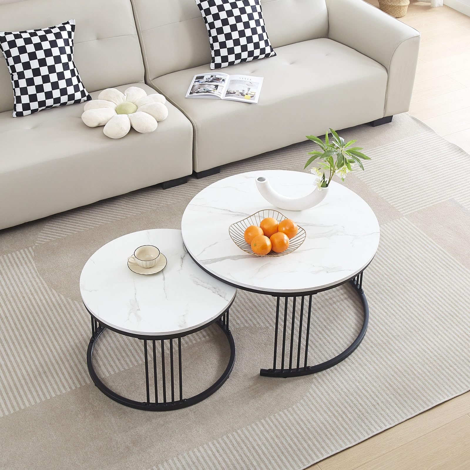 Set di 2 Tavolini Salotto Rotondi Moderni, Impilabili Salvaspazio, Struttura Metallo, Piano Marmo Impermeabile, 80cm+60cm, Bianco e Nero