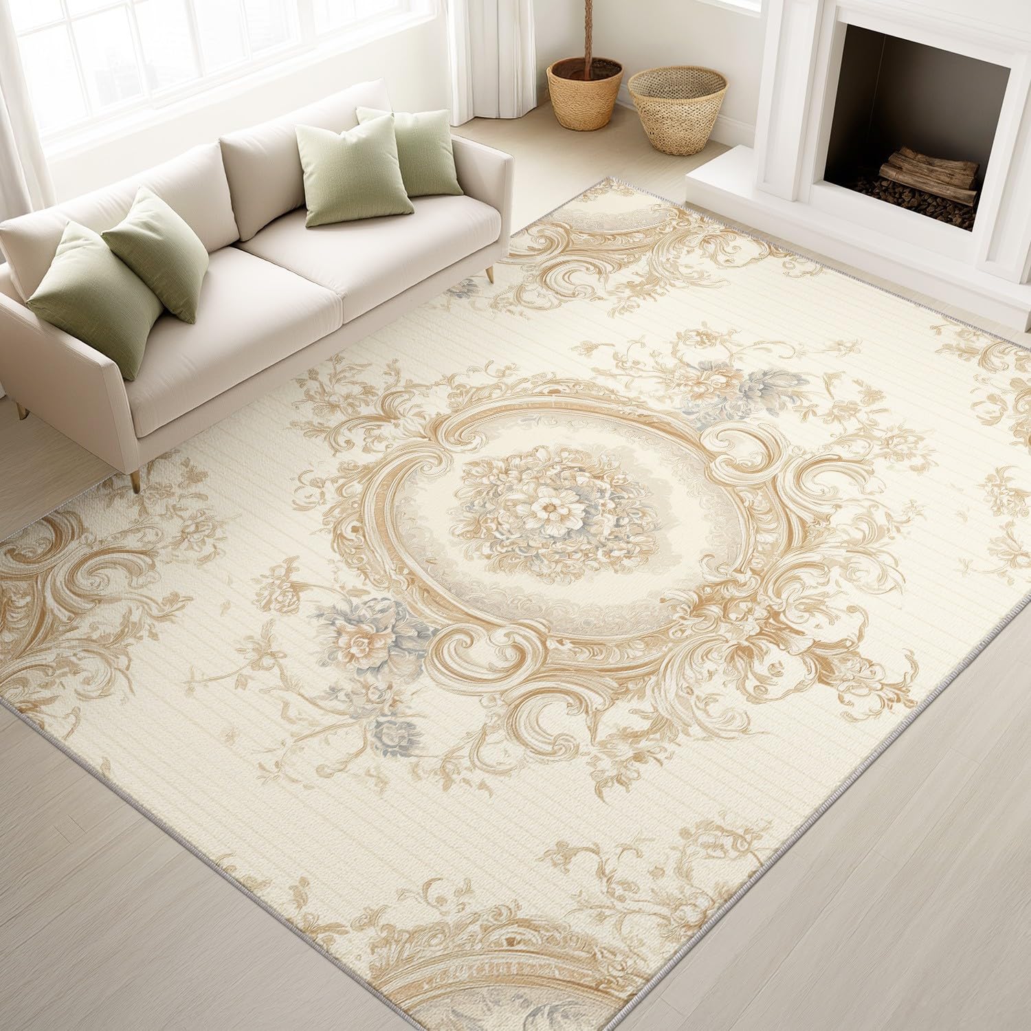 Tapis de salon beige luxe au motif blason pour une chambre raffinée