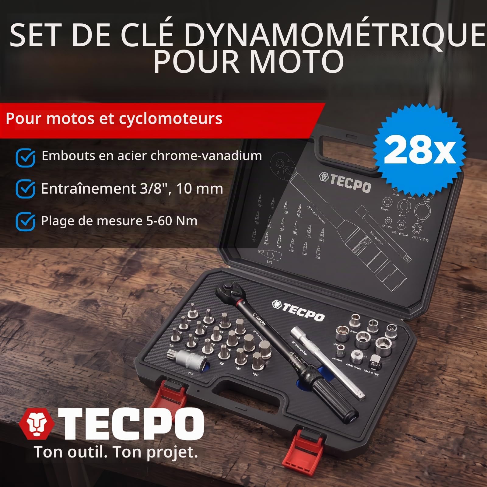 TECPO Jeu de clés dynamométriques pour moto 3/8" 5-60 Nm Clé à gradation fine