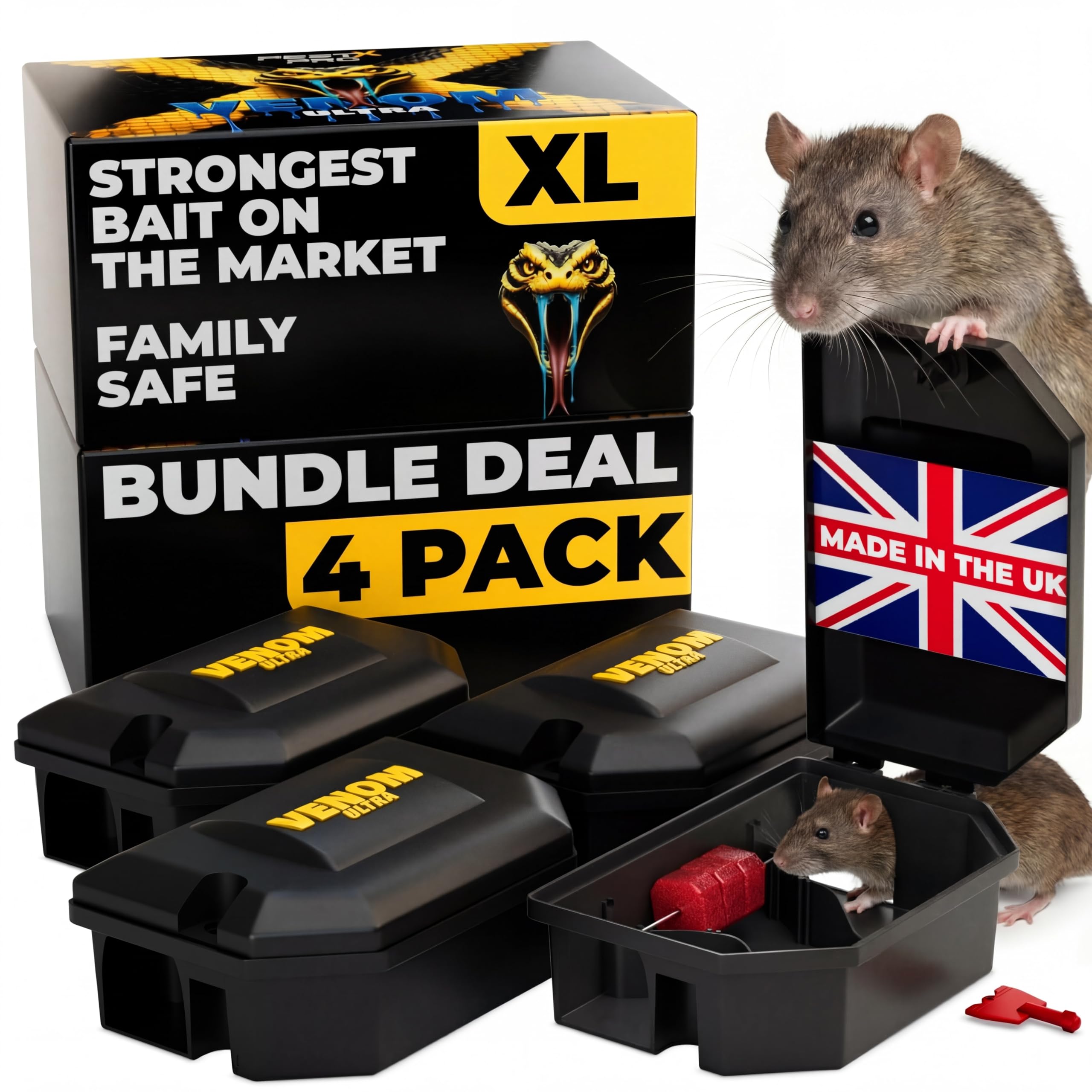 Pest-X Pro Venom Ultra 4 Pack – Pre-Baited Large Rodent Control Station for Indoor & Outdoor Use – Weatherproof Tamper-Resistant Box for Rats – Refillable Pest Control Solution for Home & Garden — image 1