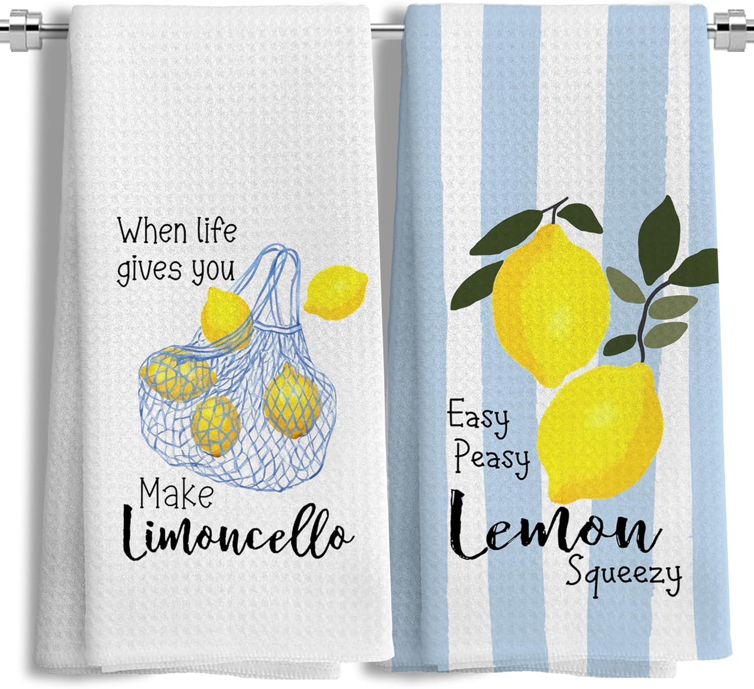 Italian Lemon Kitchen Towels Set of 3, Blue and White Tile Summer Lemon Dish Tea Towels for Kitchen, Mediterranean Amalfi Coast Decor Hand Towel for Bathroom, 16x24 Inch