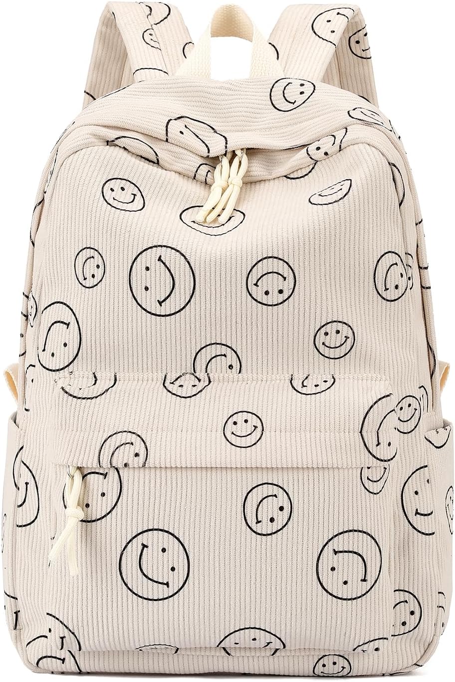 School Backpack for Girls Corduroy Bookbag 16inch Elementary Primary Preschool for Teen Boys Girl Travel Casual Daypacks (Smile Beige)