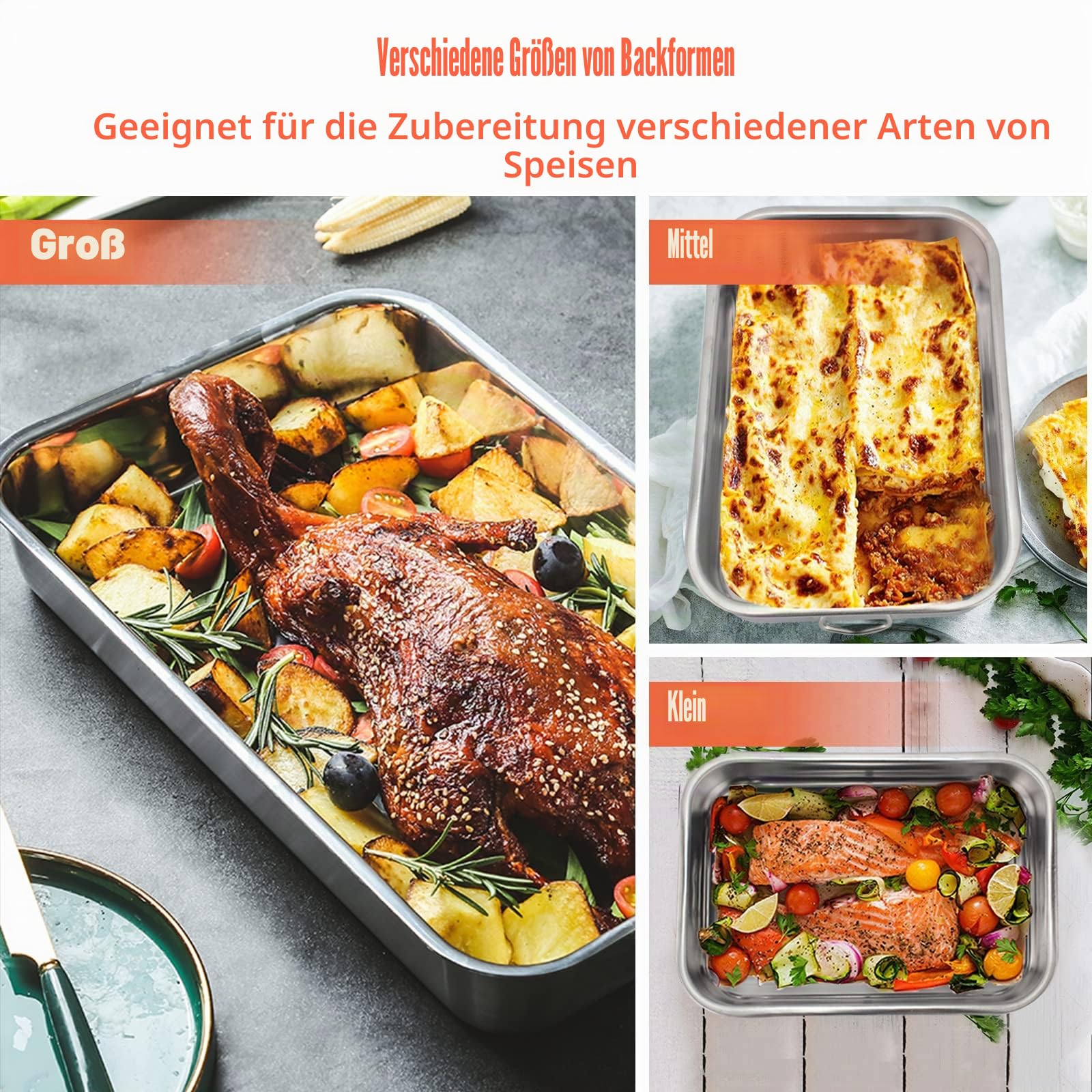 ROSSETTO Backblech Set 4-teilig Edelstahl Auflaufform Rechteckig klein Backform mit Klappbaren Griffen Rostfrei 40cm + 35cm + 30cm + 25cm, spülmaschinengeeignet