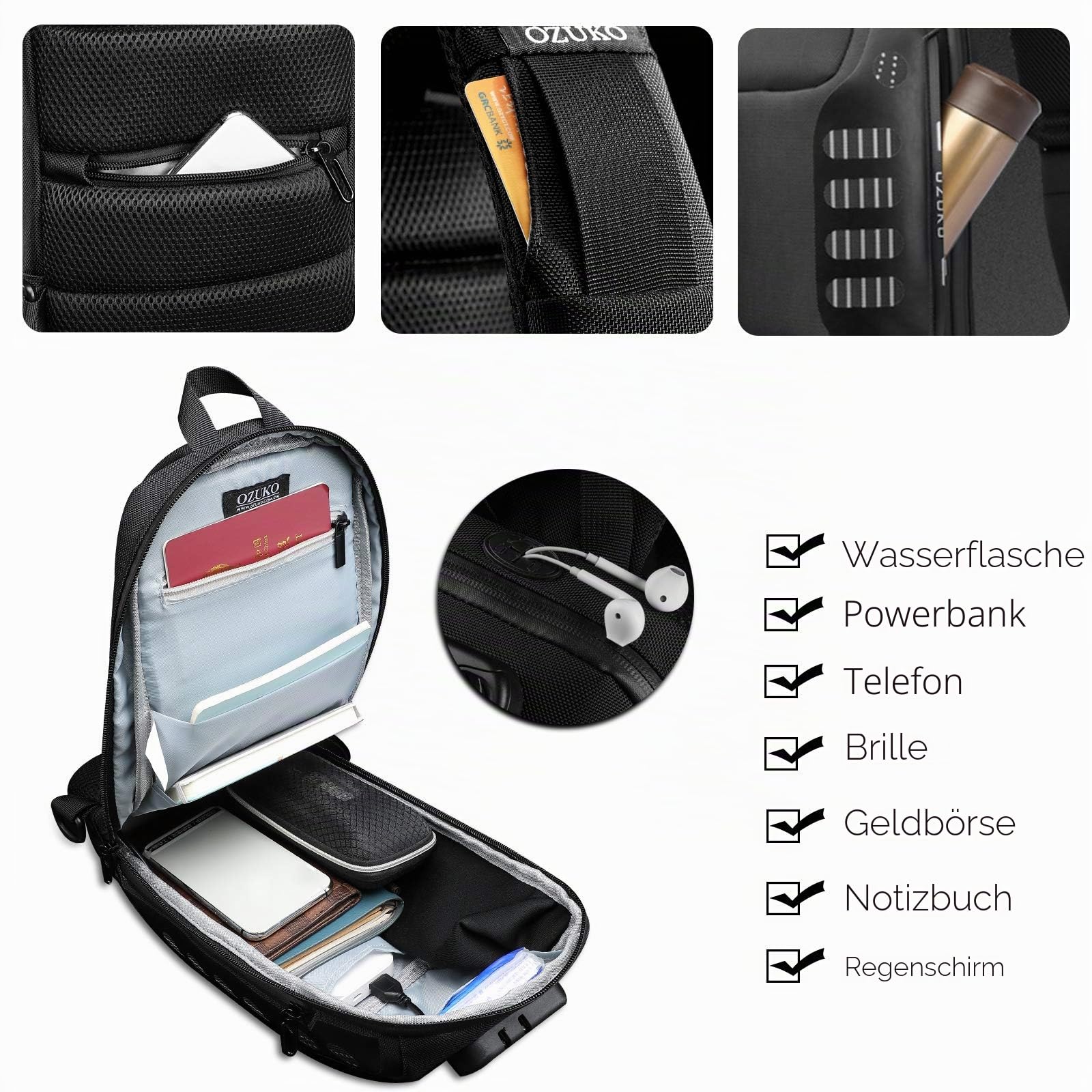 FANDARE Diebstahlsicherung Brusttasche Sling Rucksack Casual Daypacks mit USB für Herren Damen Schultertasche Umhängetasche für Outdoor Sport Wandern Radfahren Reisen Wasserdicht Polyester