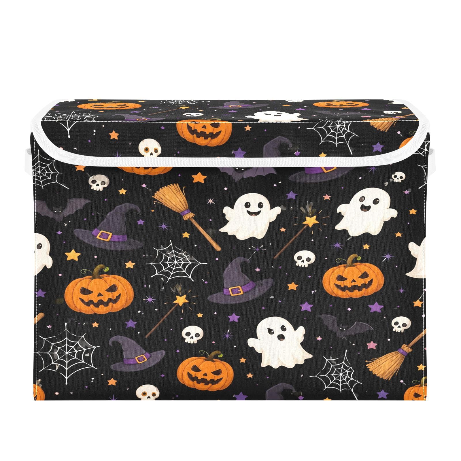 Ewusp Halloween Boo Fabric Storage Bin with Lid, Decorative Foldable Storage Basket with Handles, Stackable Closet Shelf Organiser Box for Clothes, Books, Bedroom, Living Room